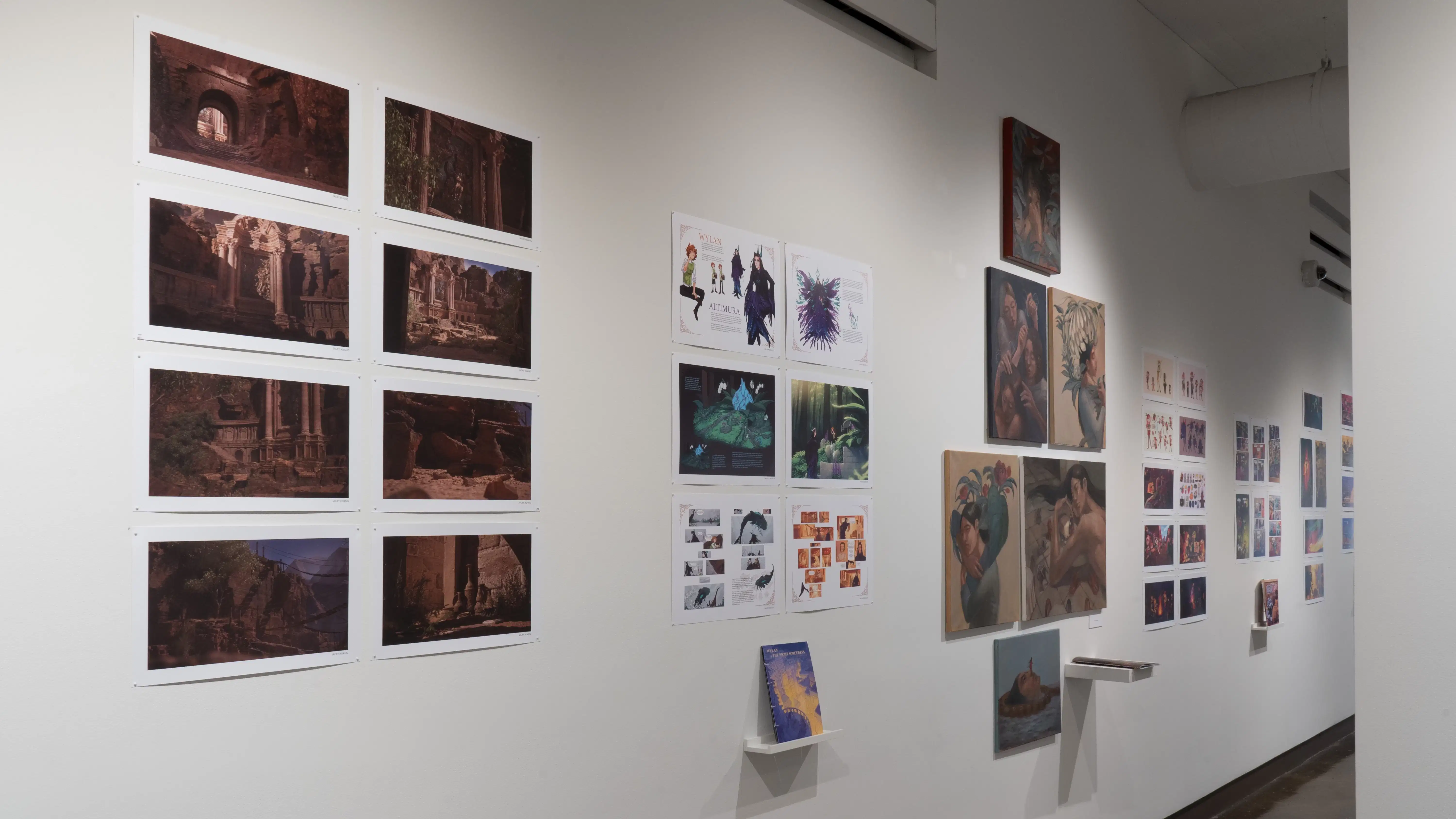 On a wall, several prints and paintings are displayed, some accompanied with books displayed on floating shelves. From left to right, there are 8 horizontal prints with no book, 6 horizontal prints with a book displayed under the prints, 6 paintings with a book displayed under the paintings, 10 horizontal prints with no book, 6 vertical prints with a book displayed under the prints, and towards the edge of the image, 5 horizontal and vertical prints are displayed with no book.