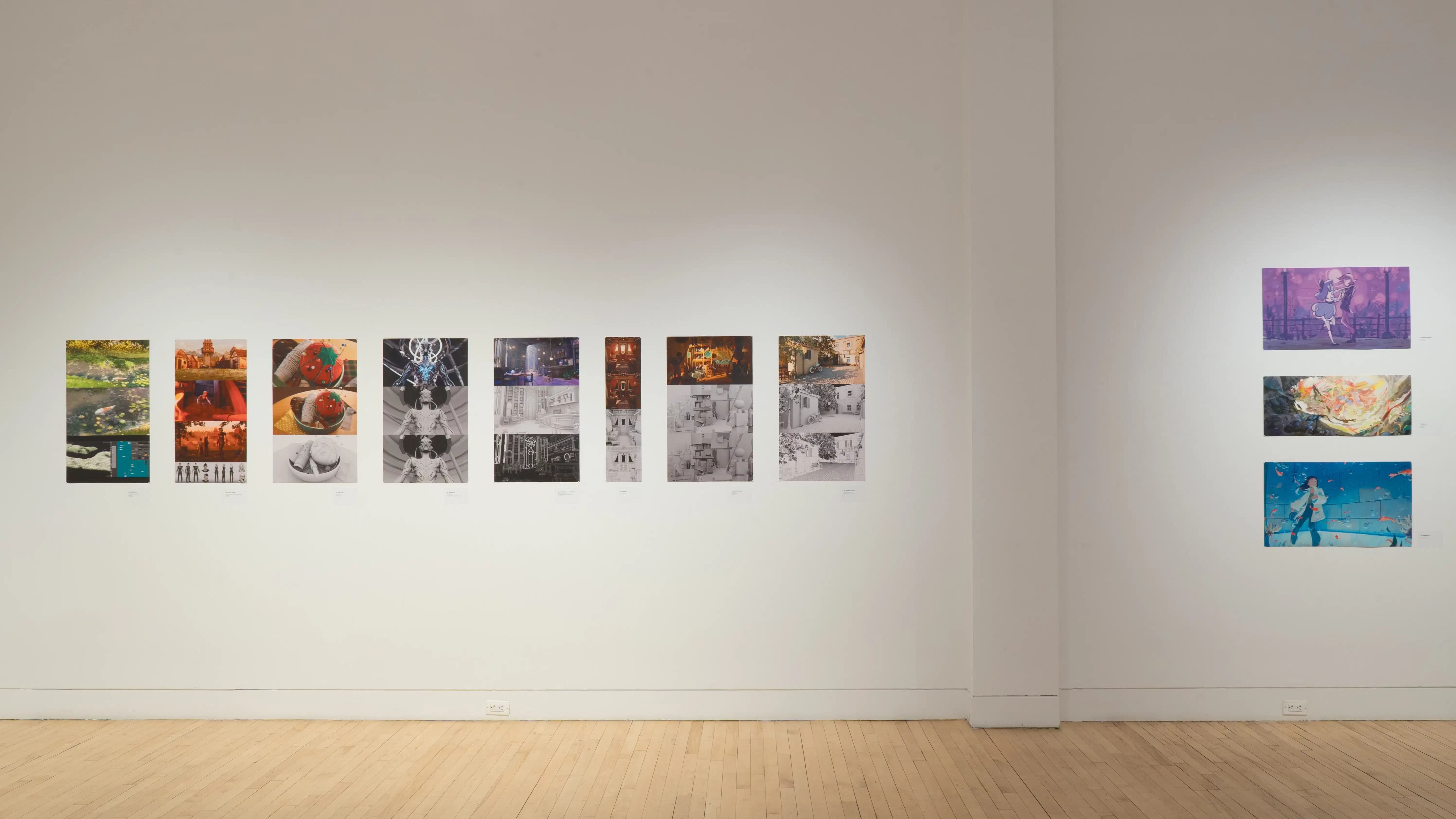 A straight shot of the SVA Flatiron Gallery's west wall, showing many colorful prints by BFA Animation students pinned up.
