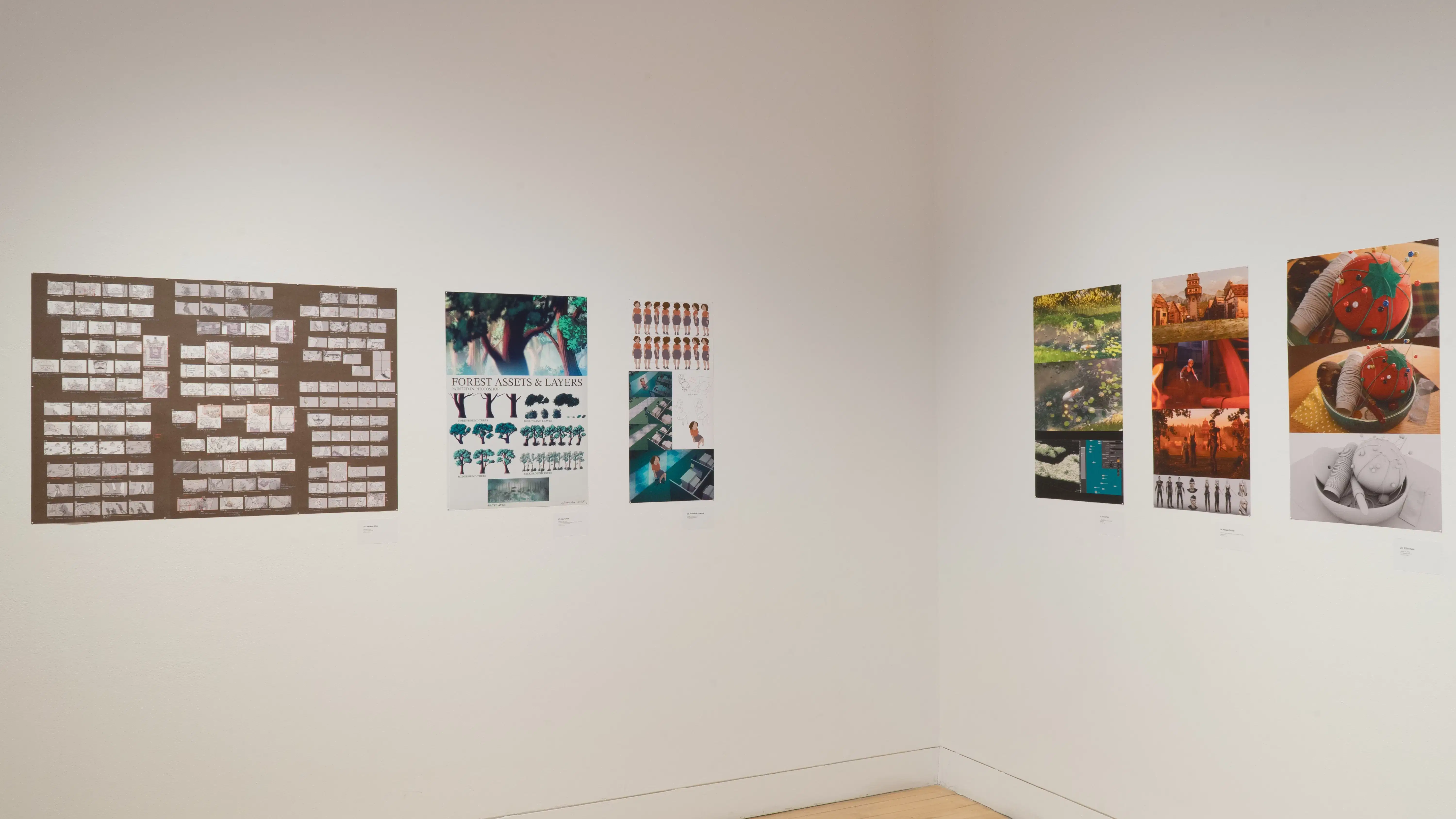 An angled shot of the SVA Flatiron Gallery's southwest corner, showing many colorful prints by BFA Animation students pinned up.