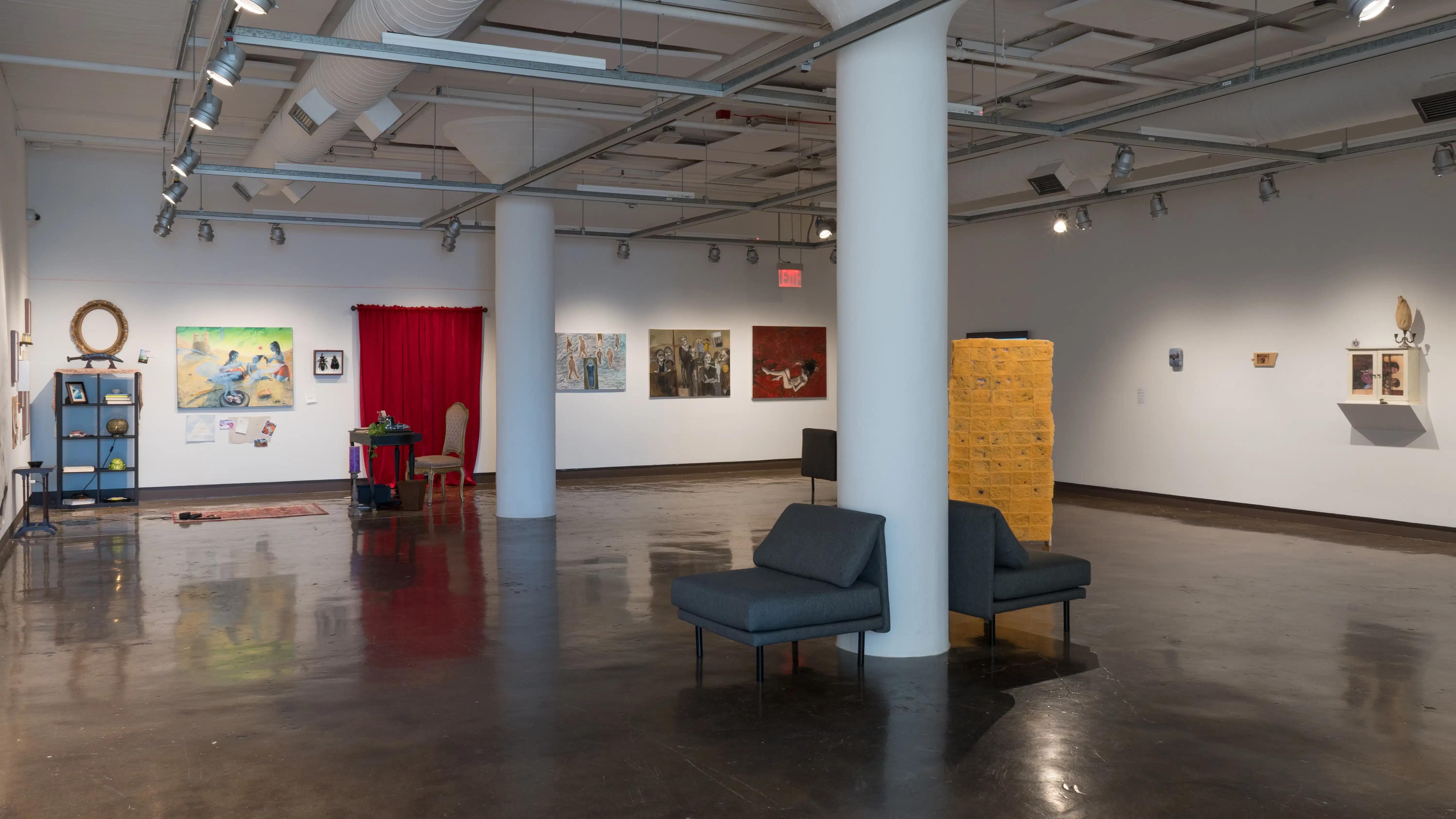 Gallery one of the SVA Chelsea Gallery contains installations, paintings, sculptures, and assemblages for the exhibition “Wondering Paths.”