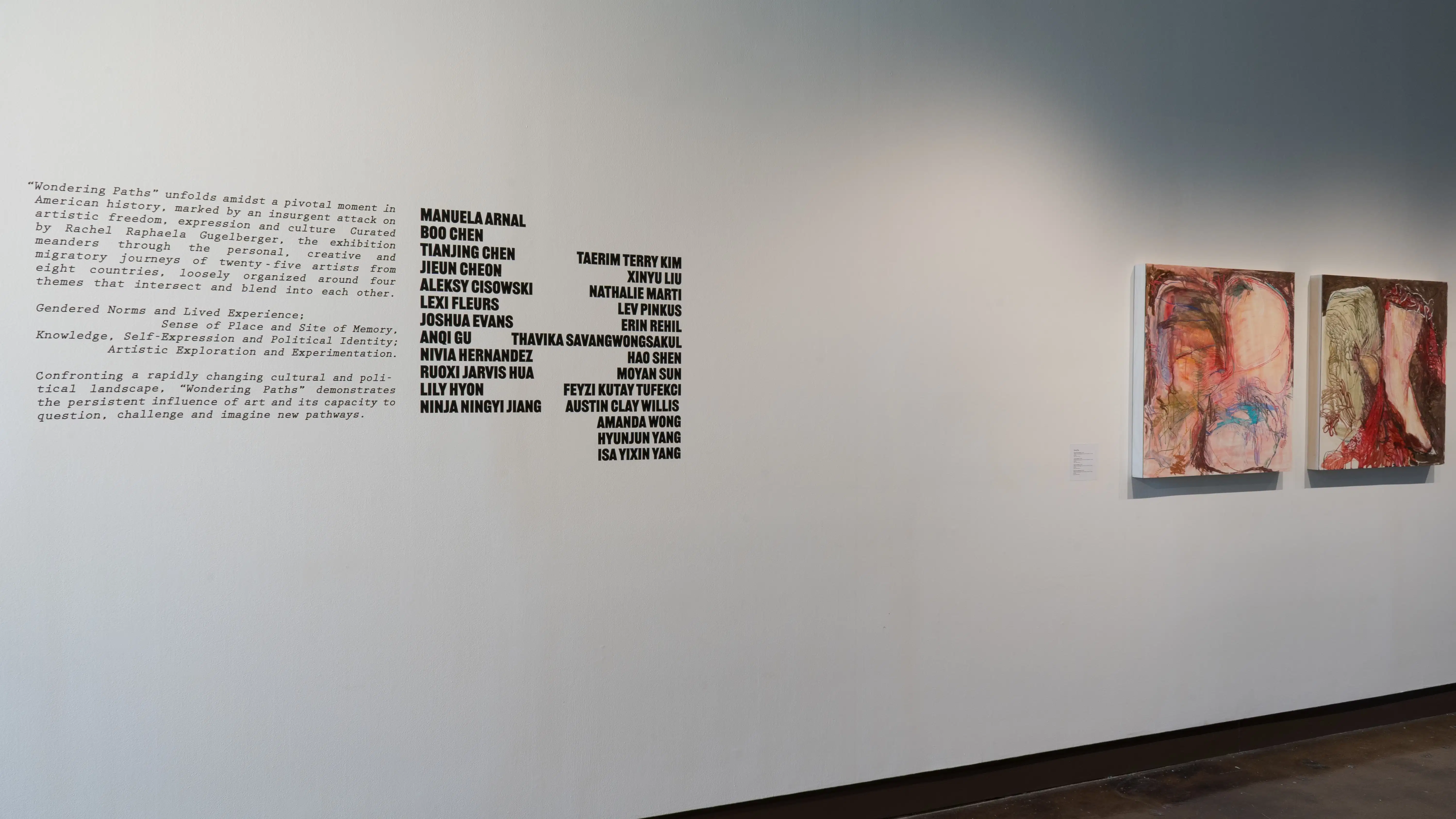 Upon entering gallery one of the SVA Chelsea Gallery, vinyl text describes the exhibition and lists the exhibitors’ names. Colorful abstract paintings hang to the right of the text.