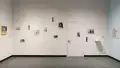 Photographs on a wall in the gallery lobby. The images are spread widely, and there’s a lot of space between them.