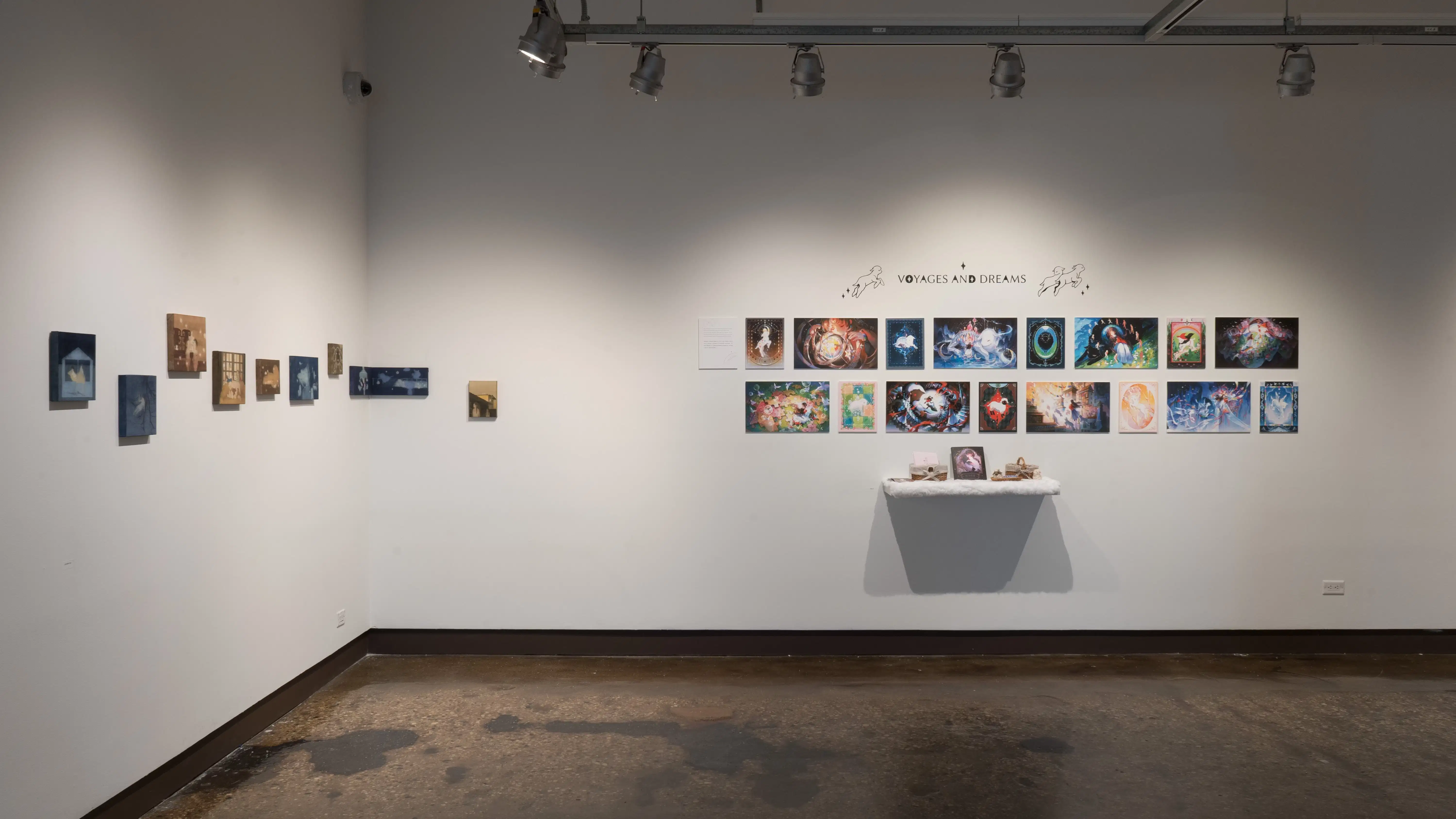 A view of the corner of the west and norths walls at the SVA Chelsea Gallery. Small paintings in blue and brown on panel hang on the left, and two rows of pinned illustrations are on the right under the title, “Voyages and Dreams.”