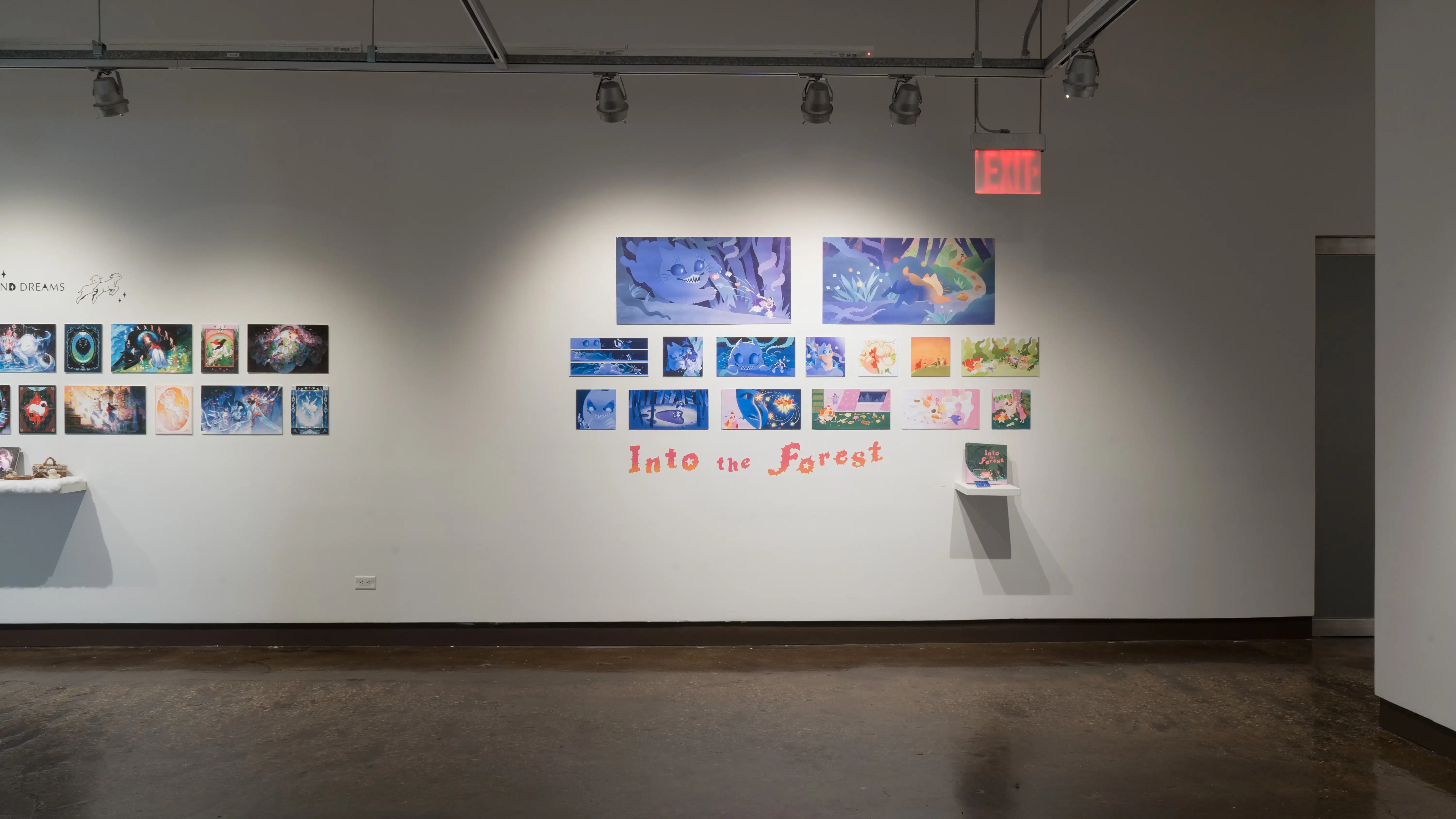 Another view of the north wall, where a project of largely blue, fantastical prints hangs above the title, “Into the Forest.”