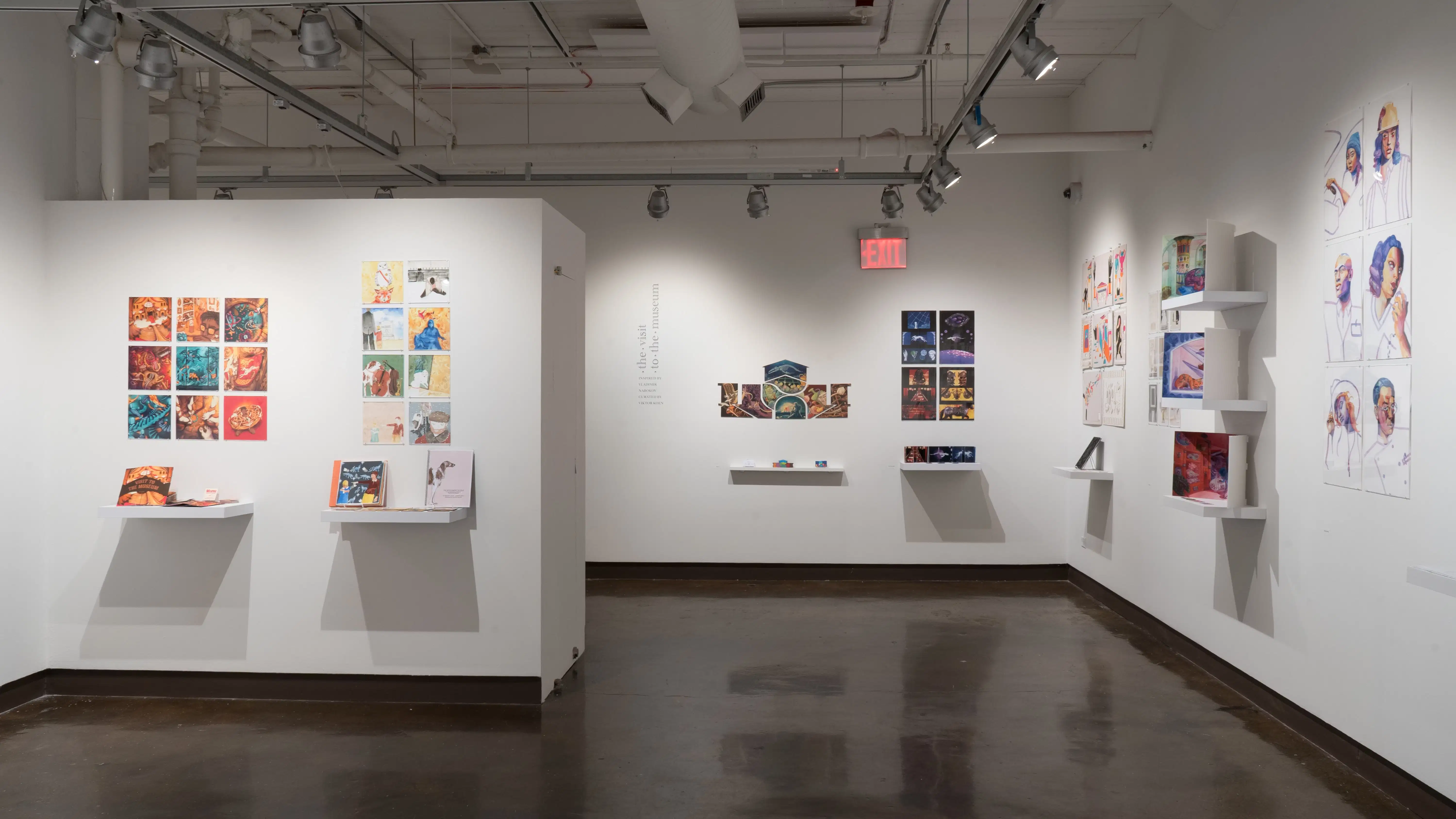 The many, varied illustration projects in “The Visit to the Museum” are on display in gallery four and the gallery four alcove. Most projects are prints or original drawings accompanied by a book.