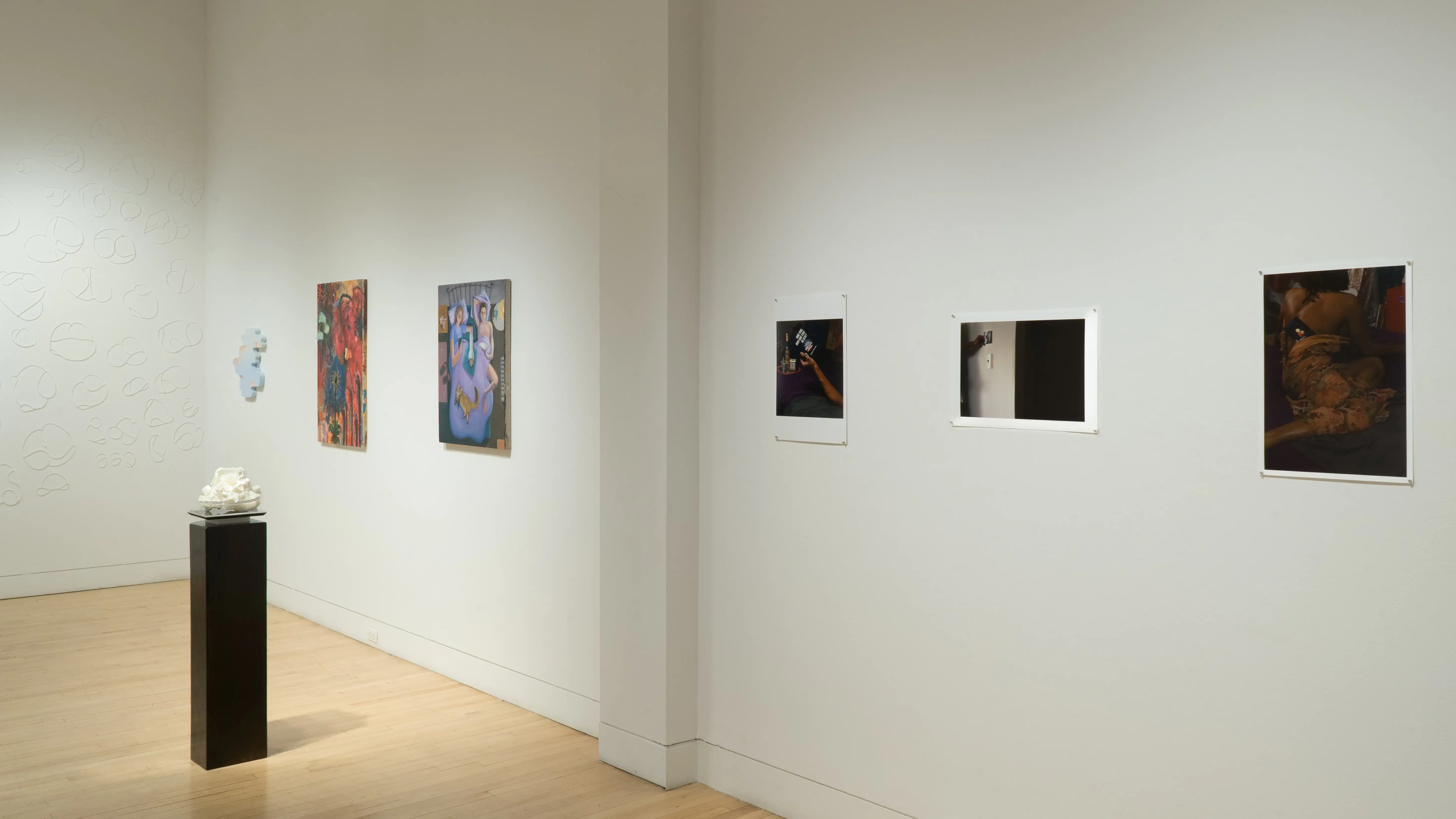 From another angle, the zipties, colorful paintings, white sculpture, and shadowy photos are all visible.