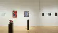In the center of the gallery, a red sculpture and a white sculpture are placed on their own black pedestals. On the left half of the wall beyond them, three colorful but varied paintings hang beside each other. On the right half, there are three shadowy photographs pinned to the wall.