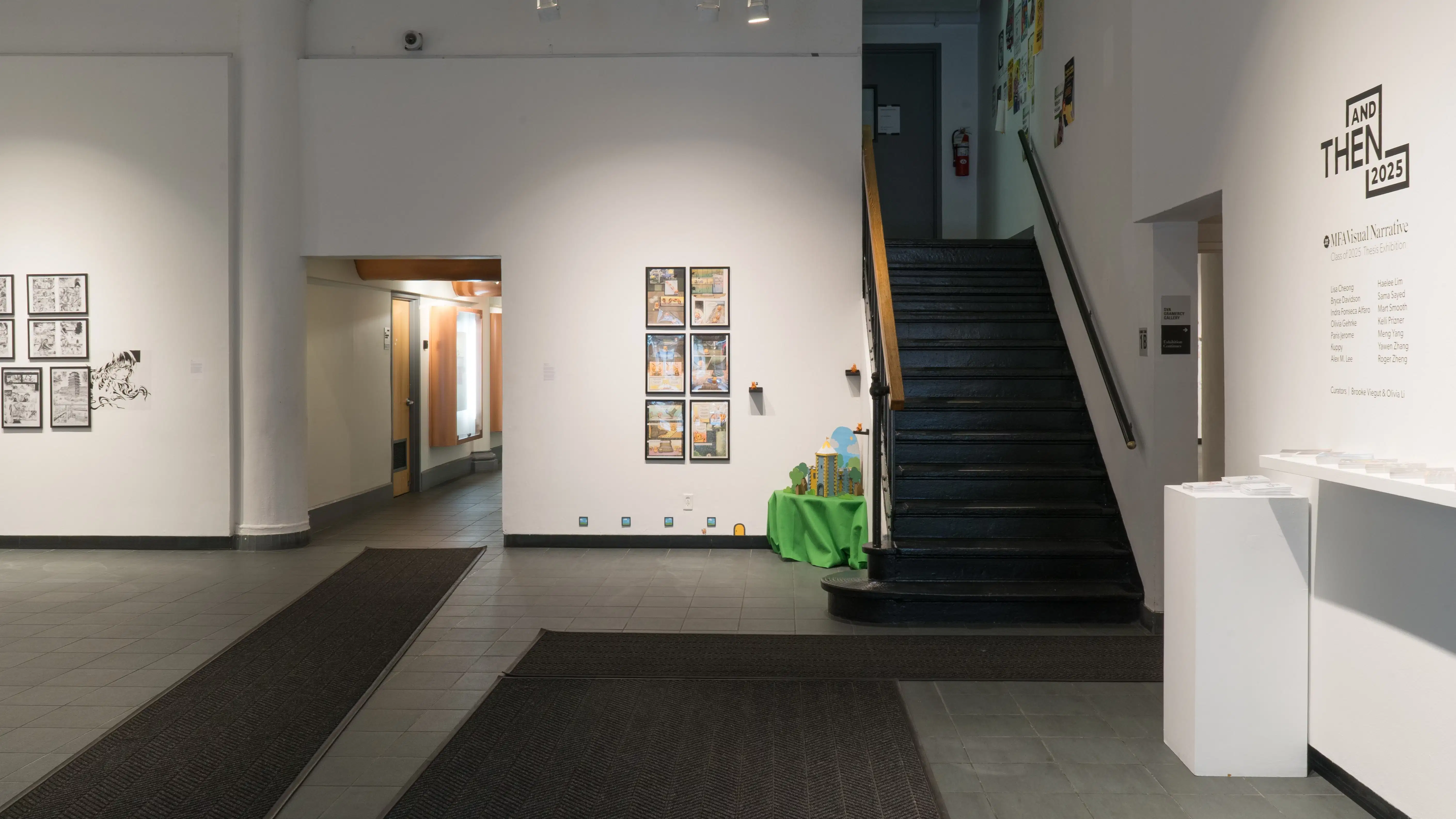 Entrance to the ‘Now and Then’ exhibition at the SVA Gramercy Gallery. Centered in the image is six frames featuring a student's work, and another student's art is on the far left.