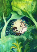 A young girl and an elderly woman facing each other in profile standing in a lush green forest looking at a bird nest with two small purple eggs that the older woman holds in her hands. 