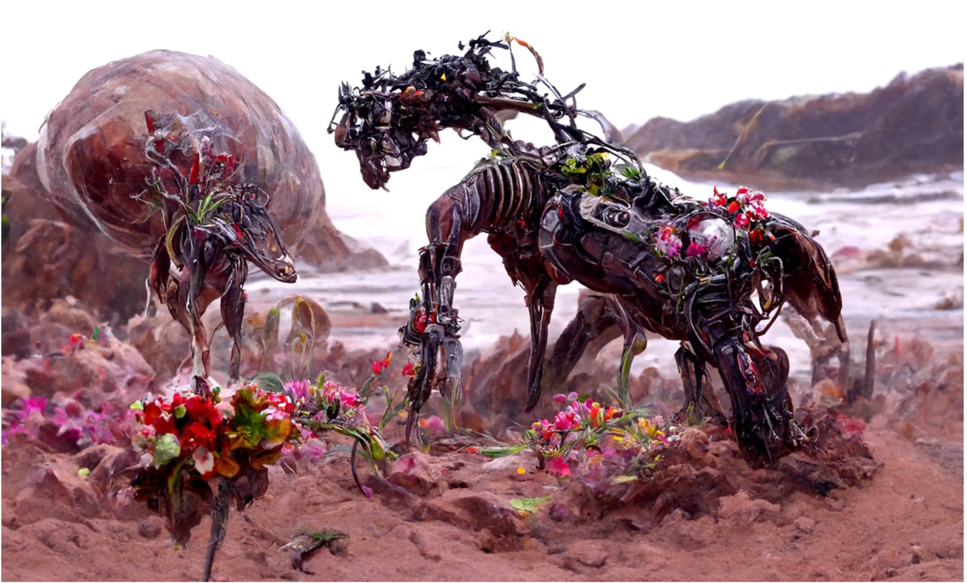 An AI generated image of a horse made up of metal and machinery, with some vines and flowers growing out of it. The surrounding area is tinged with pink and there are pink and red flowers growing around it.