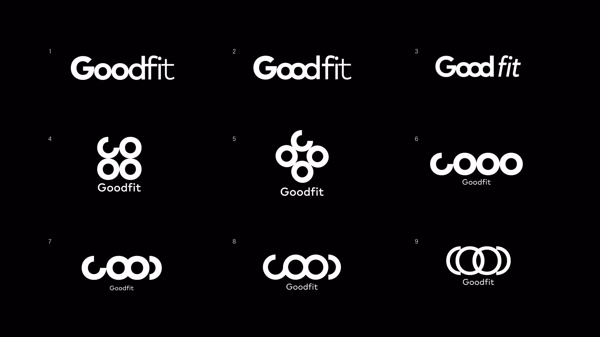 A black background displays nine different black and white logo variations for the word "Goodfit." The designs include various stylized text logos and abstract circular and semi-circular symbols underneath or around the word "Goodfit." They are numbered from 1 to 9.