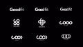 A black background displays nine different black and white logo variations for the word "Goodfit." The designs include various stylized text logos and abstract circular and semi-circular symbols underneath or around the word "Goodfit." They are numbered from 1 to 9.
