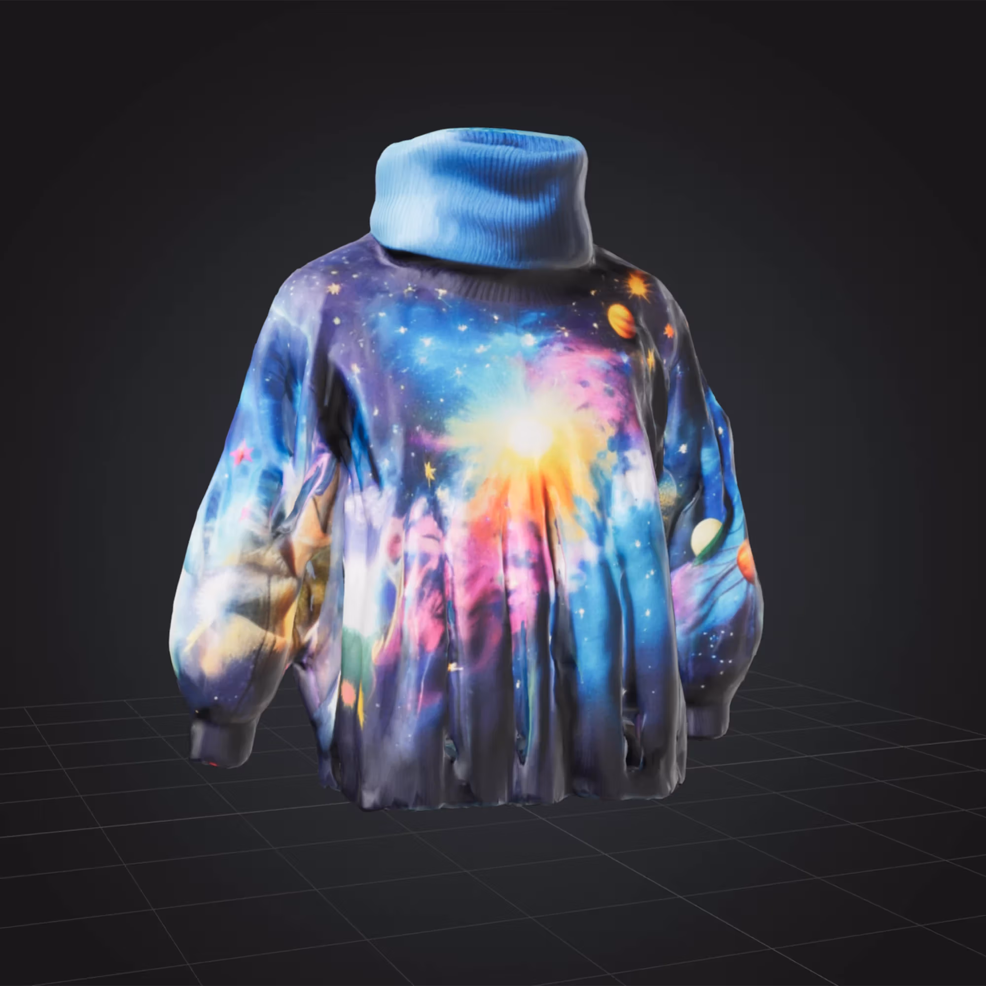An AI generated image of a turtleneck sweater with a galaxy print. It's a lot more vibrant and colorful than the front.