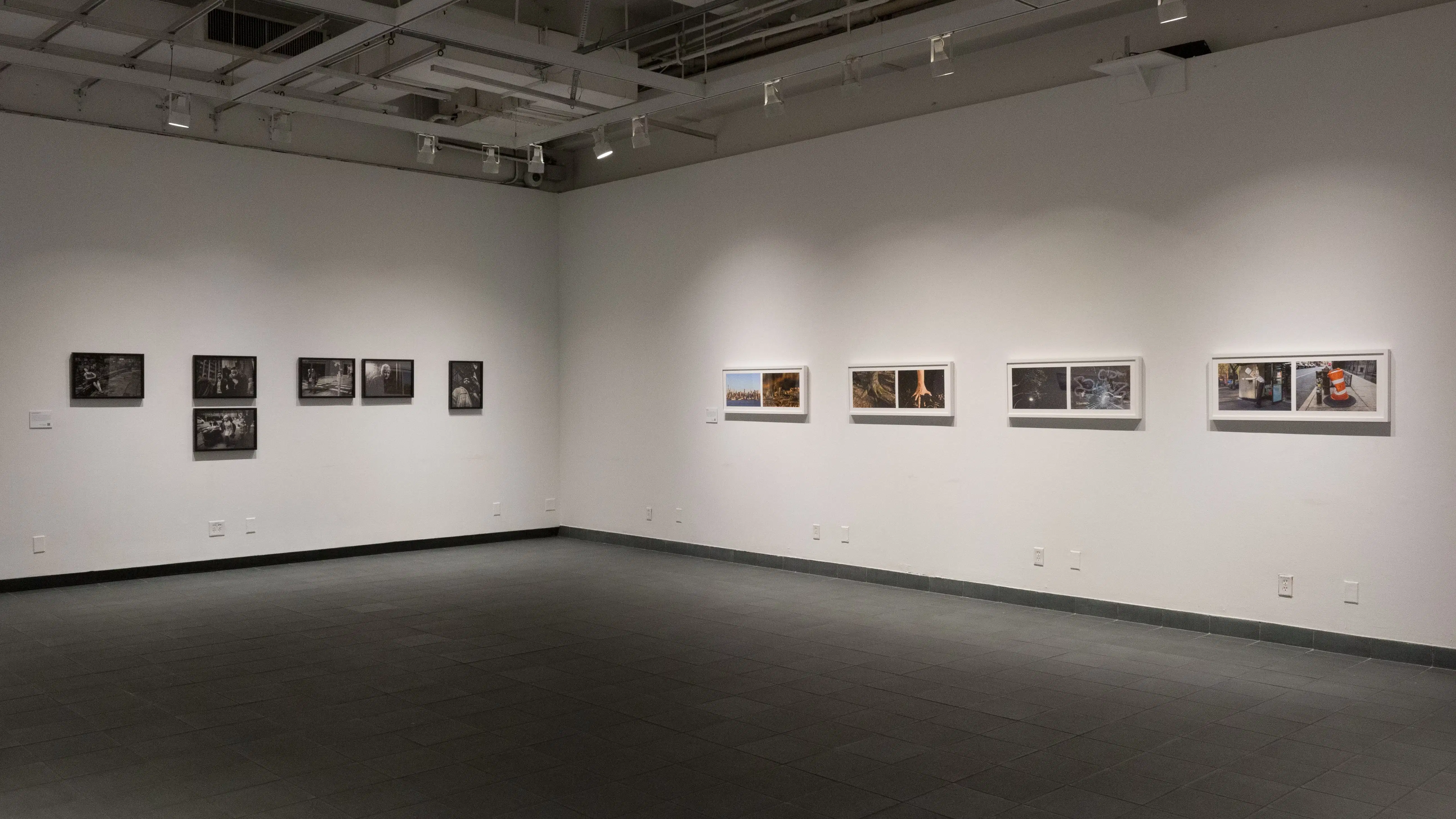 A series of black and white photographs hang on the back wall of the gallery. On the adjacent wall there are a row of diptych photographs.