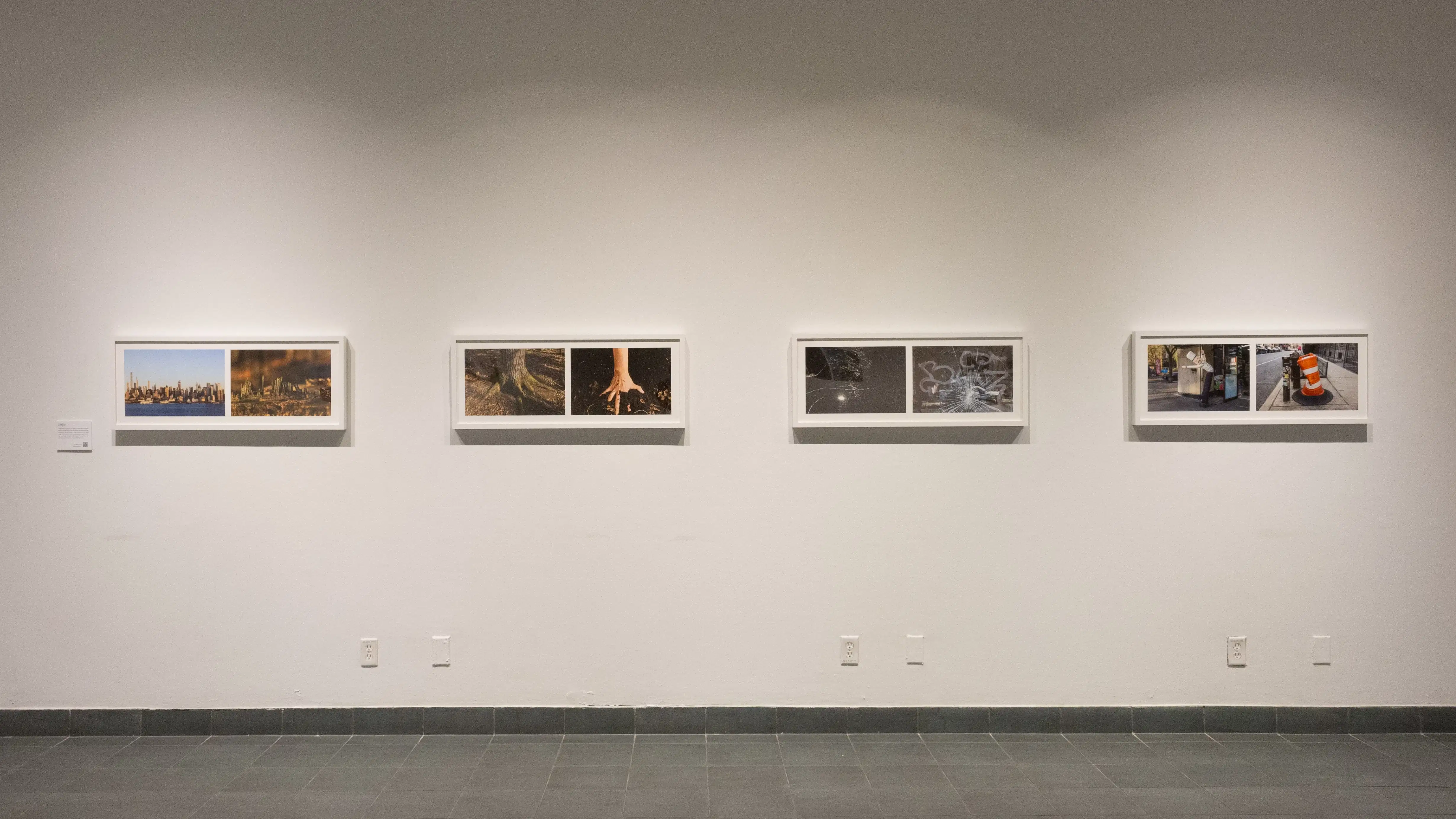 A series of diptych photographs hang on a wall of the gallery.