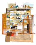 An image done in gouache with some collaged printed pages towards the bottom of the page shows a group of pigeons in different colors perched on several levels of a pigeon coup.