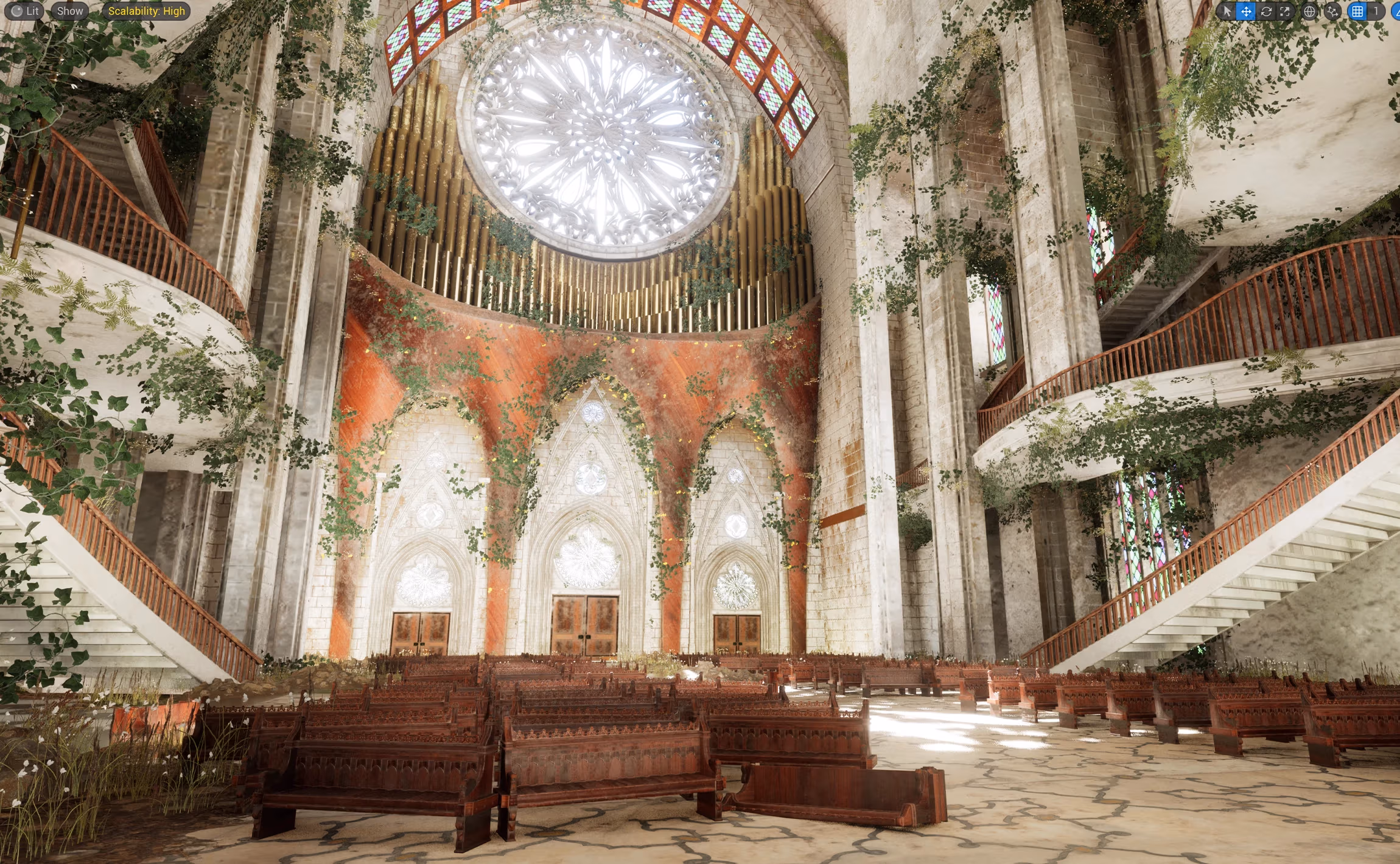 A render of the interior (looking at the entrance) of a grand cathedral that's been overrun with vines. A pew has been knocked over, but the general mood is peaceful. The scene is lit brightly and soft, not particularly warm or cold.