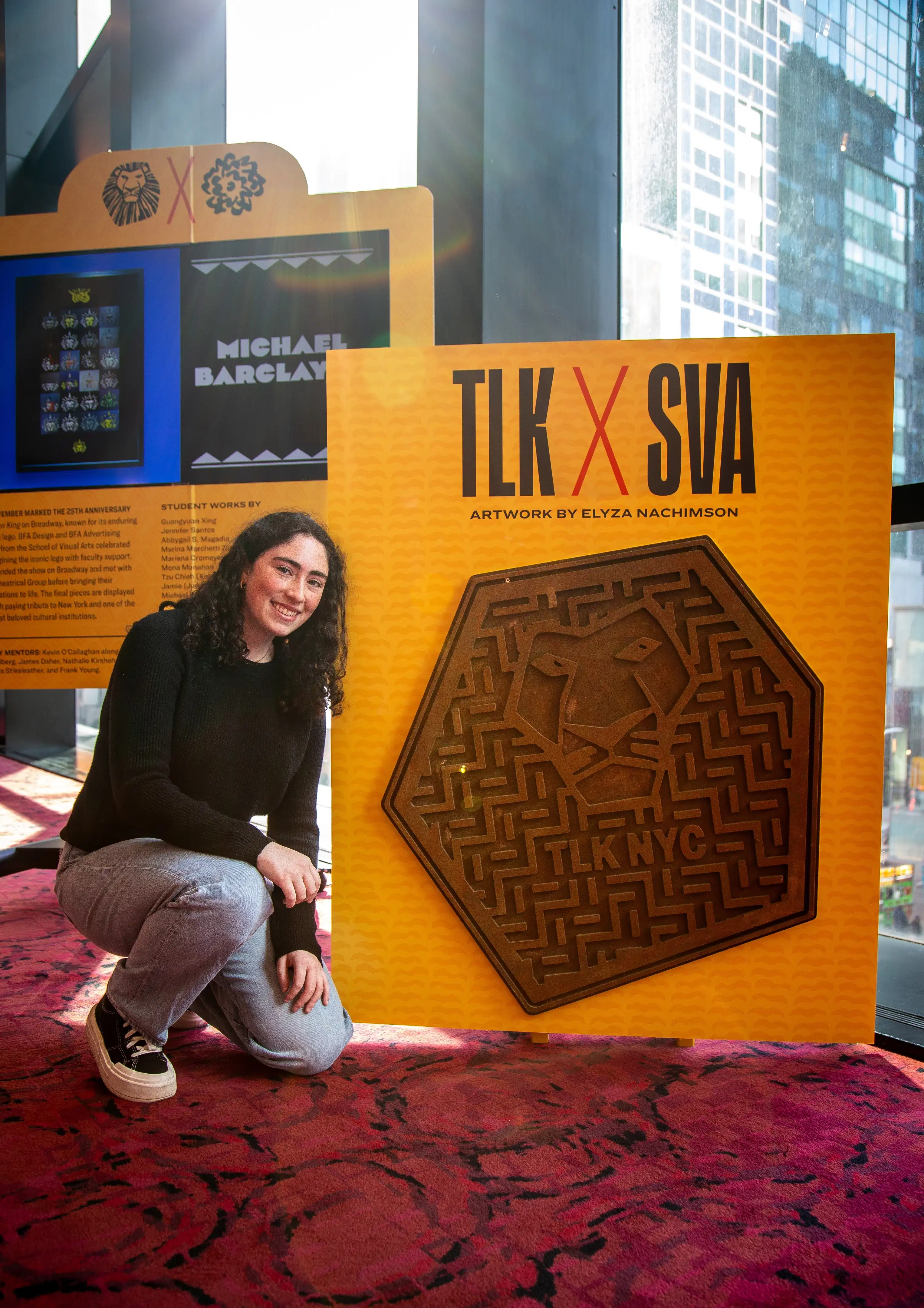 Elyza Nachimson (BFA 2024 Advertising) and her manhole cover design for the SVA x The Lion King display in Broadway's Minskoff Theater.