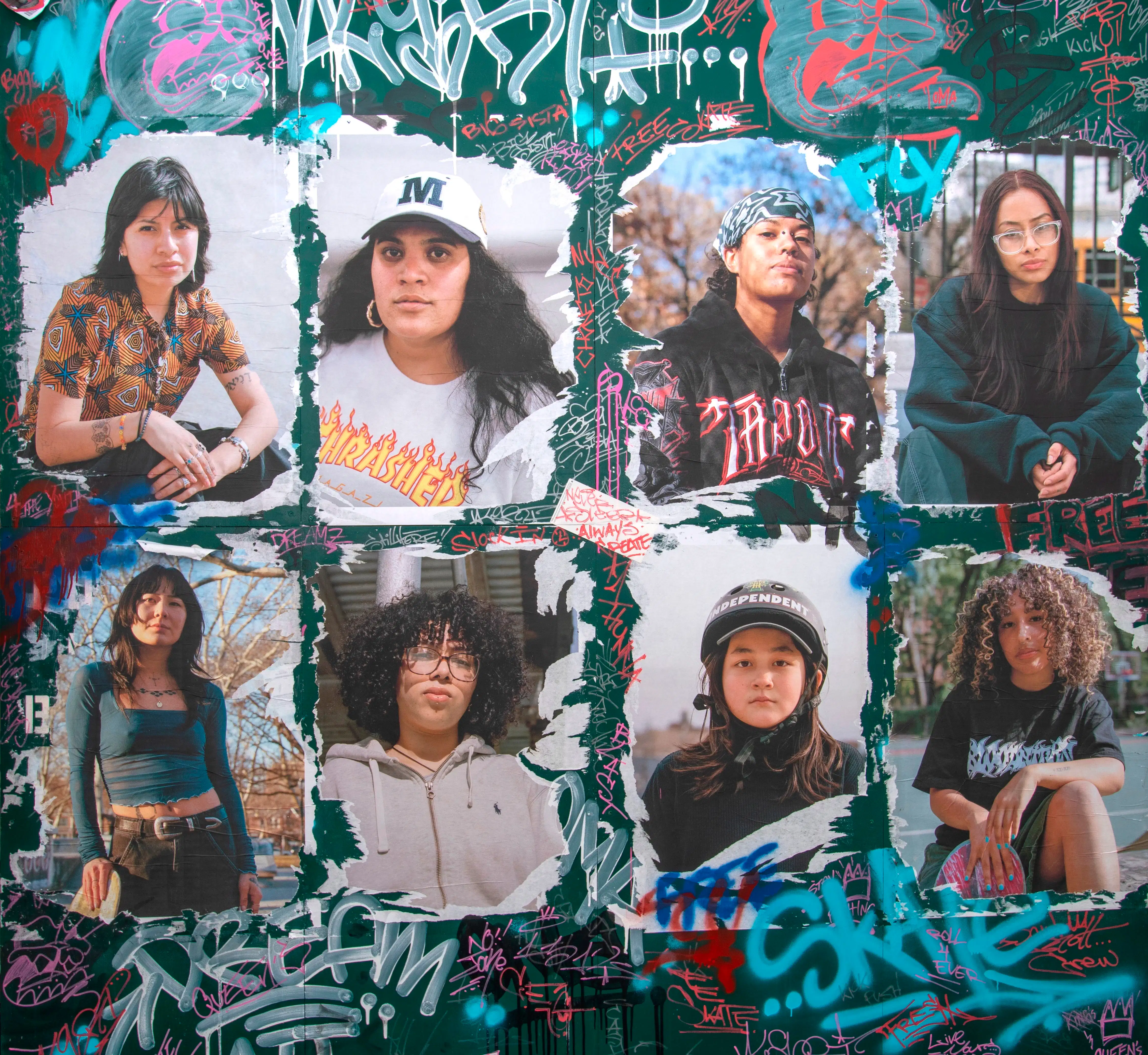 Eight portraits distressed wheat-pasted on a replica of New York City’s Post No Bills wall. The portraits are surrounded by colorful, hand-drawn tags and text like “Free,” “Skate,” and “Dream.”