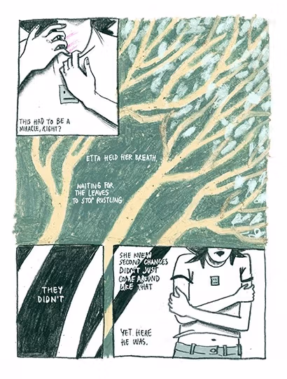 Green and yellow trees bending to the right in the background, with three small panels overlaid on it.  