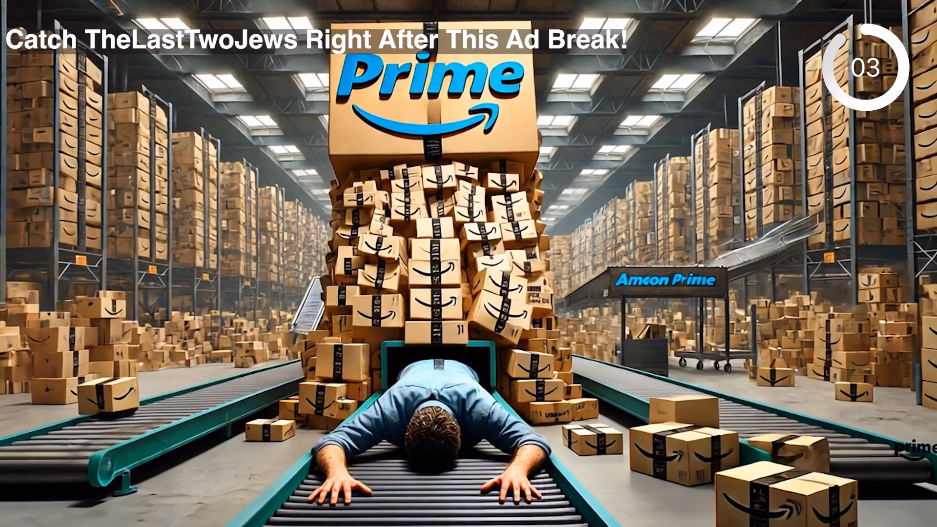  A still from The Last Two Jews depicting a pop-up advertisement with a countdown timer on the right. In the top left corner, a message reads, “Catch THELASTTWOJEWS After This Ad Break.” The image shows an Amazon worker being consumed on a factory treadmill by a towering stack of Amazon boxes. The Amazon logo is prominently displayed at the top. 