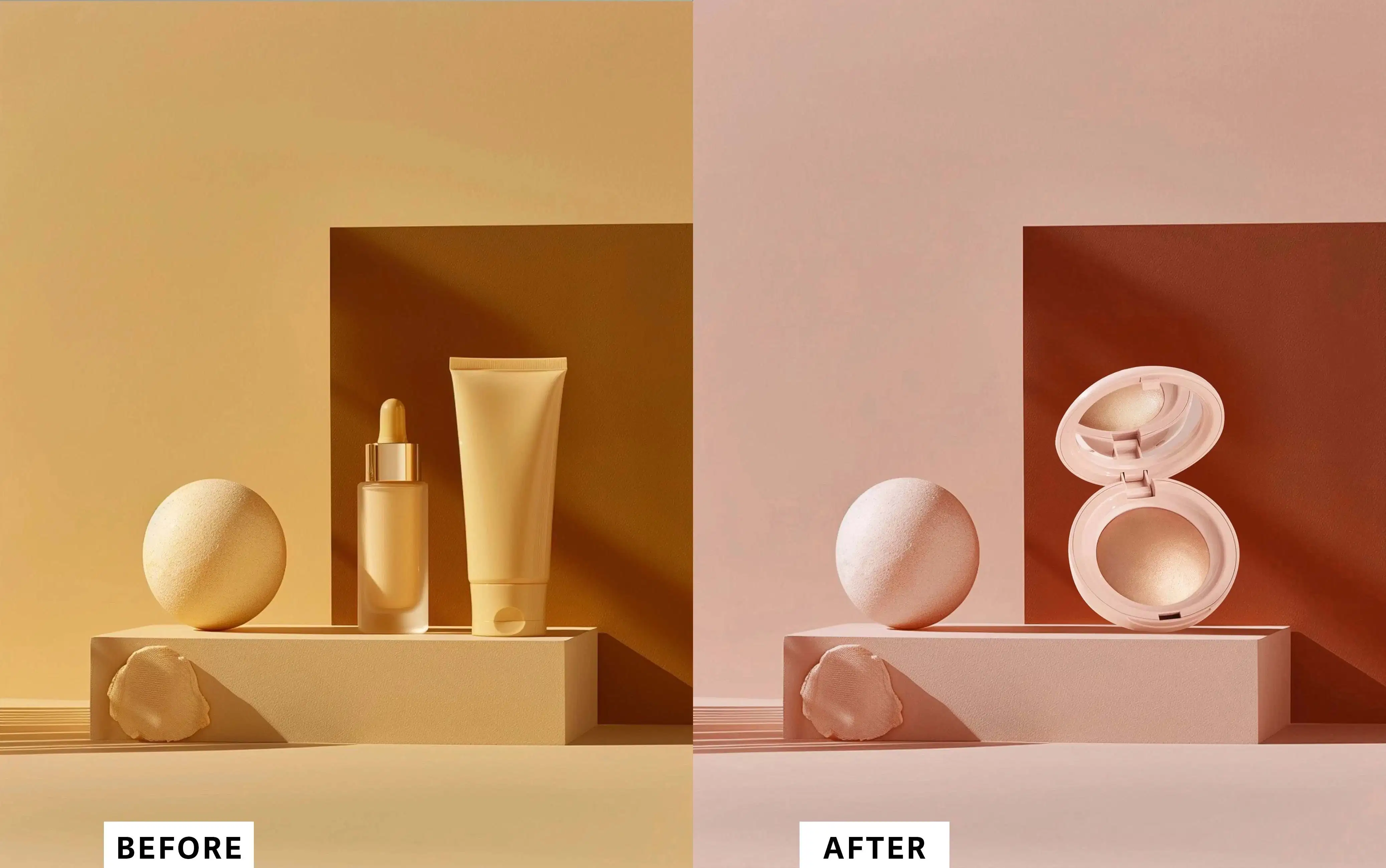 A before and after comparison image where the before picture is yellow and displays a lotion bottle and a serum bottle while the after picture is pink and displays some sort of round container containing blush, highlighter, or balm.