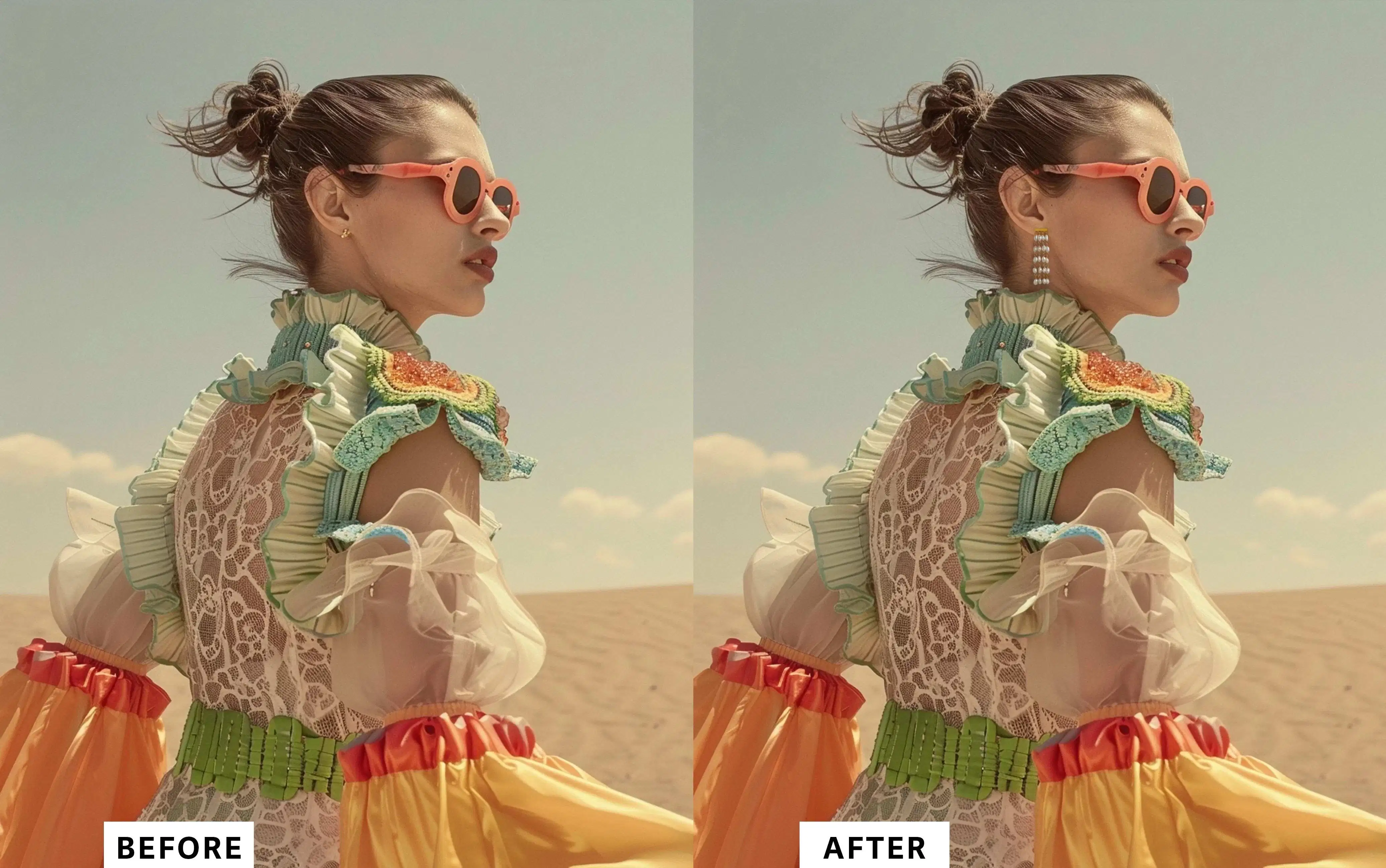 A before and after photo in which a model poses in the desert. In the before photo, she's wearing a small golden hoop earring, but in the after photo, she's wearing dangly pearl earrings.
