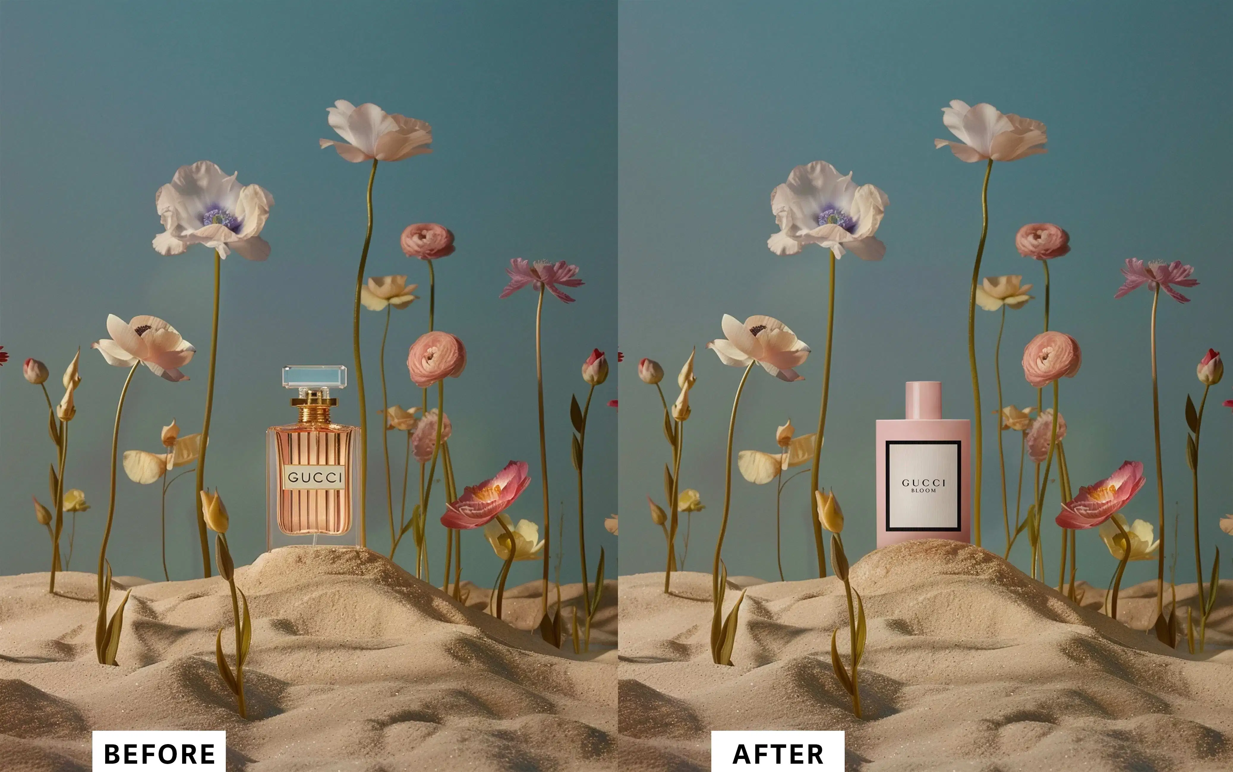A before and after comparison picture where the before image displays a clear, ribbed glass bottle with pink liquid inside on the ground surrounded by flowers and the after image replaces the original bottle with a solid pink plastic bottle with a black and white label that says 'GUCCI BLOOM.'