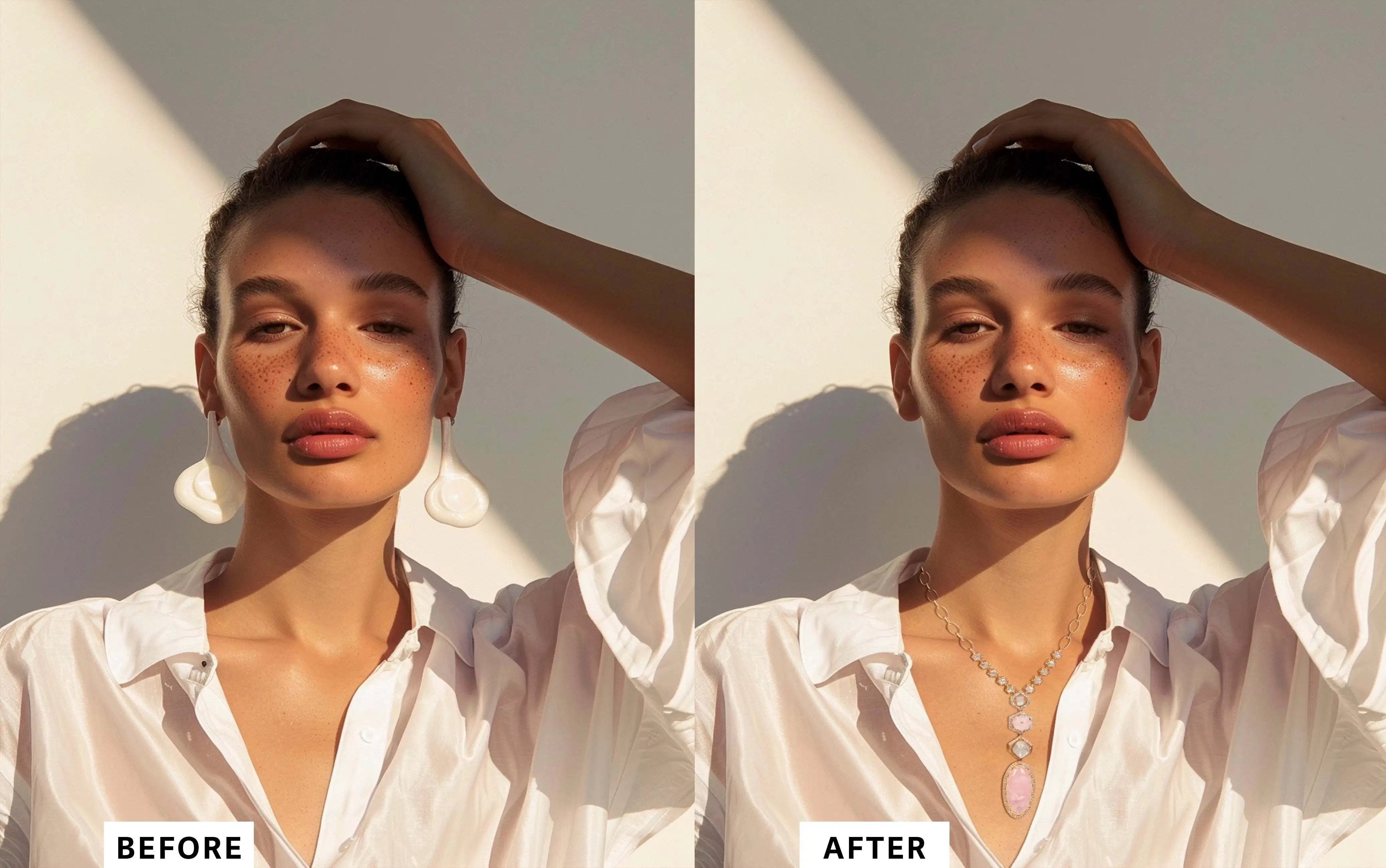 A before and after comparison where the image on the left has the woman wearing dangly white earrings shaped like eggs but the yolks are also white while in the after image, the model is not wearing any earrings and she has a necklace with multiple gems.