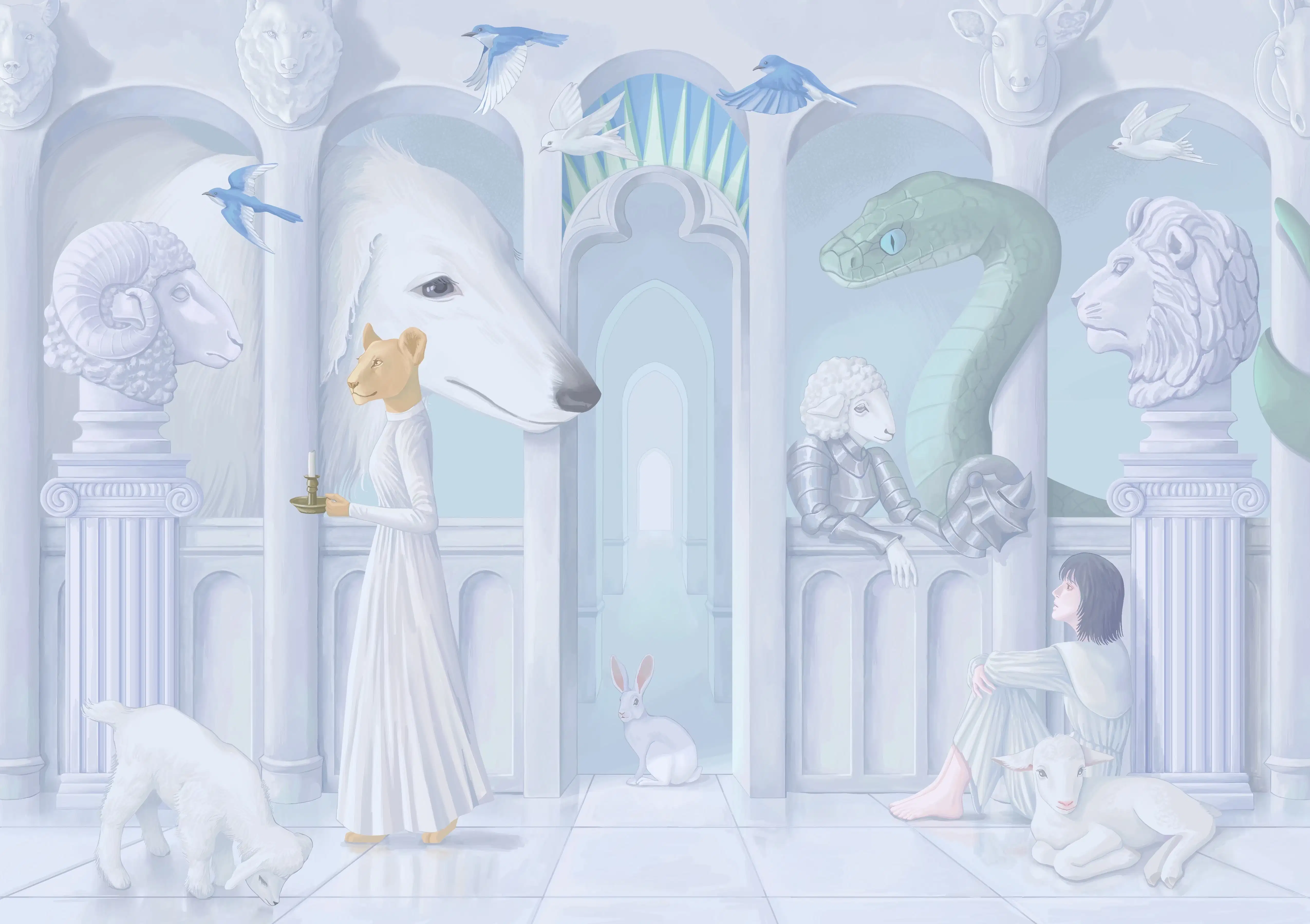 In a Roman-style architectural setting decorated with various animal sculptures, a girl sits beside a male lion sculpture column in a room filled with columns as well as a huge dog, a huge snake, a rabbit, flying birds, and sheep.  