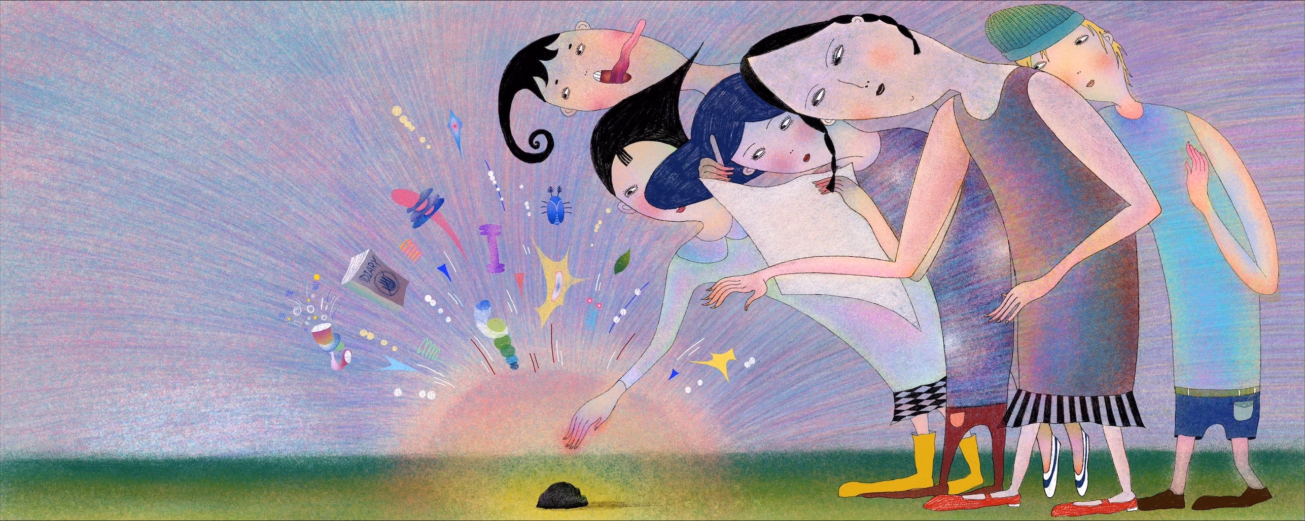 Five figures standing close together outside staring at a rock on the ground that has colorful objects (a diary, a bug, a cup) bouncing up in the air from it.  