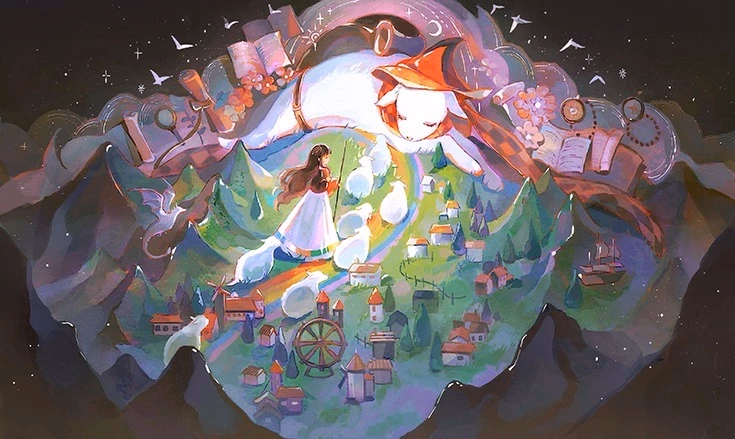 Large sheep wearing hat laying in colorful landscape with girl walking with small sheep. 