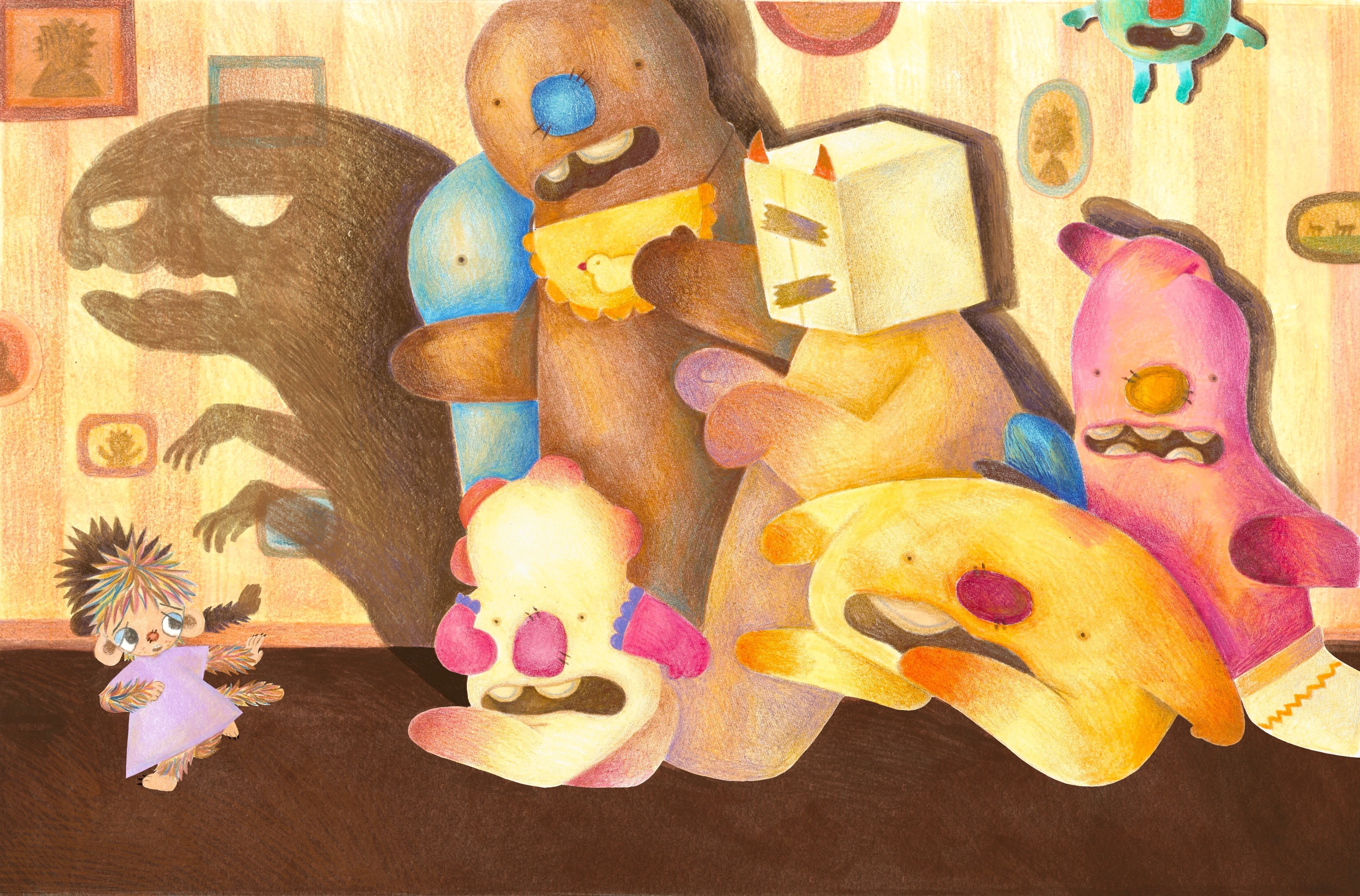 Shadows in a child’s room have turned into colorful monsters that are chasing a little girl dressed in a violet dress girl relentlessly, as if they wanted to eat her.