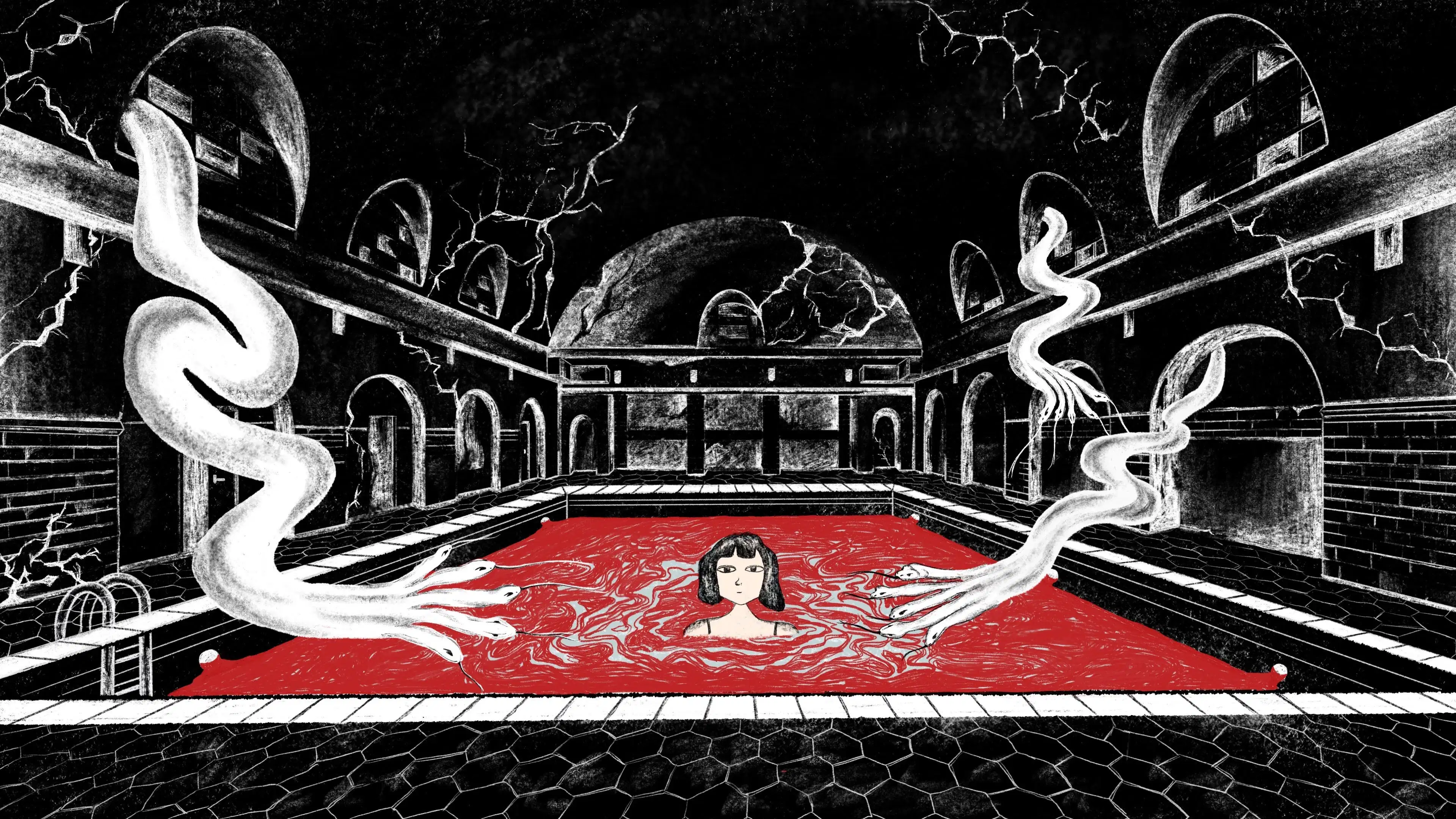 In the dilapidated pool drawn in black and white filled with red water, snake-like fingers reached out from the left and right sides of the walls trying to trap a little girl in the pool to prevent her from escaping. 