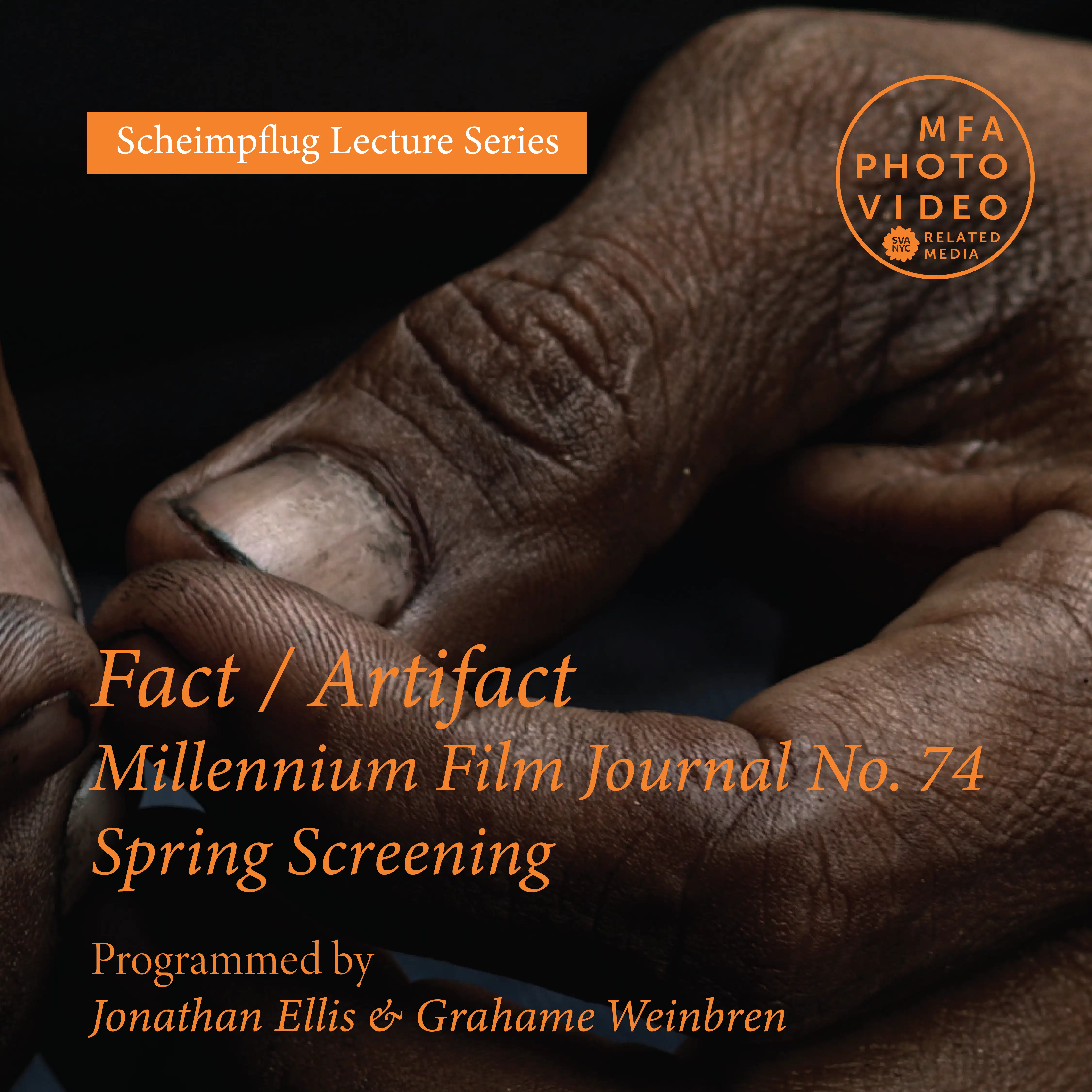 Square poster of MFJ screening featuring a photo of hands in the backdrop with orange text overlayed.