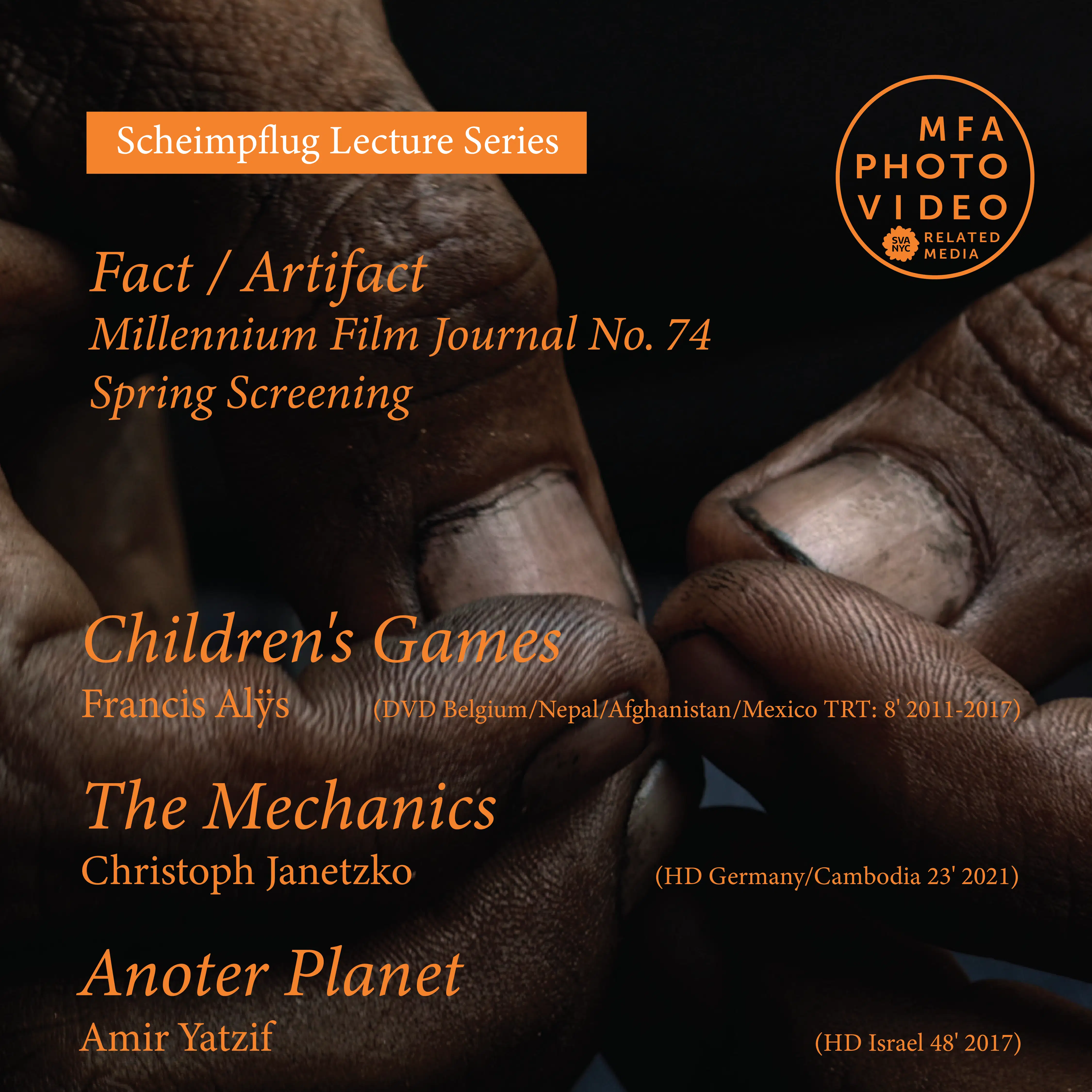 Square poster of MFJ screening featuring a photo of hands in the backdrop with orange text overlayed.