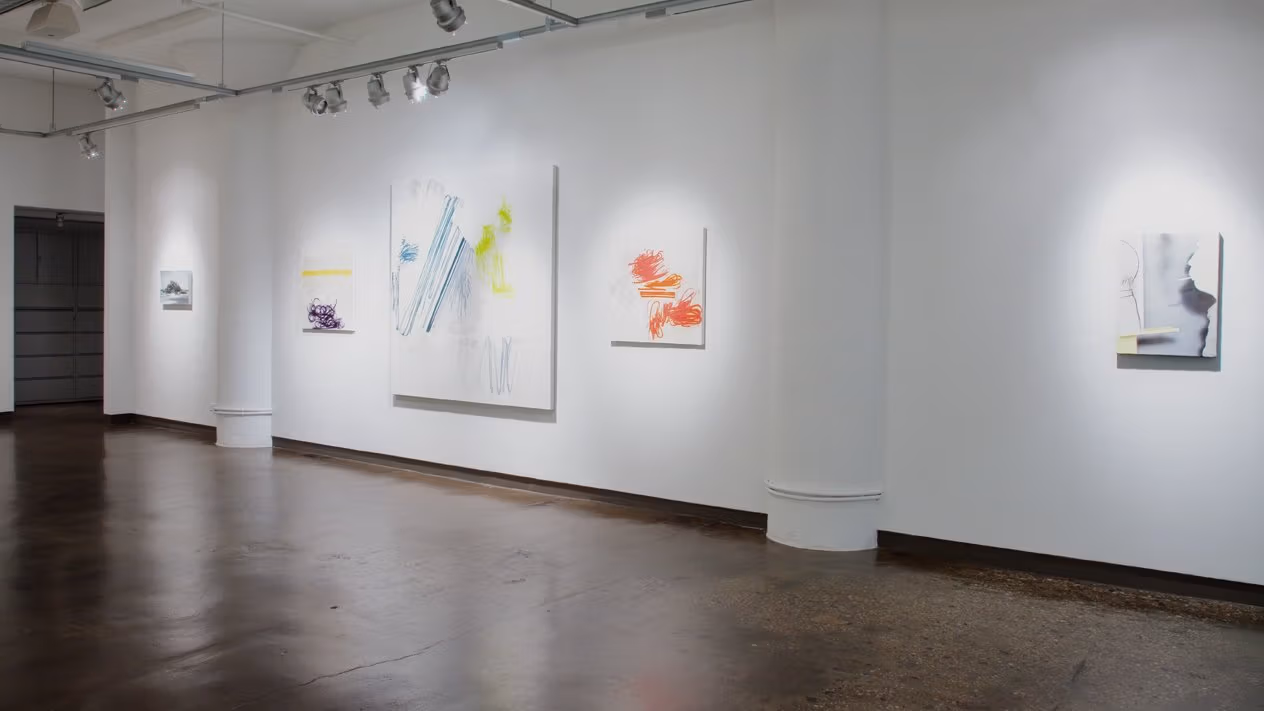 Exhibition photograph of “Between Picture and Viewer," showing five paintings on a wall: on far left is a depicts an island, then there are three abstracts with scribbled marks against white, and on far right is another abstract in gray and yellow.