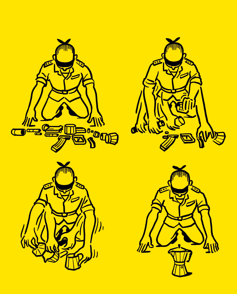 An illustration of a blindfolded man assembling a gun into a teapot.