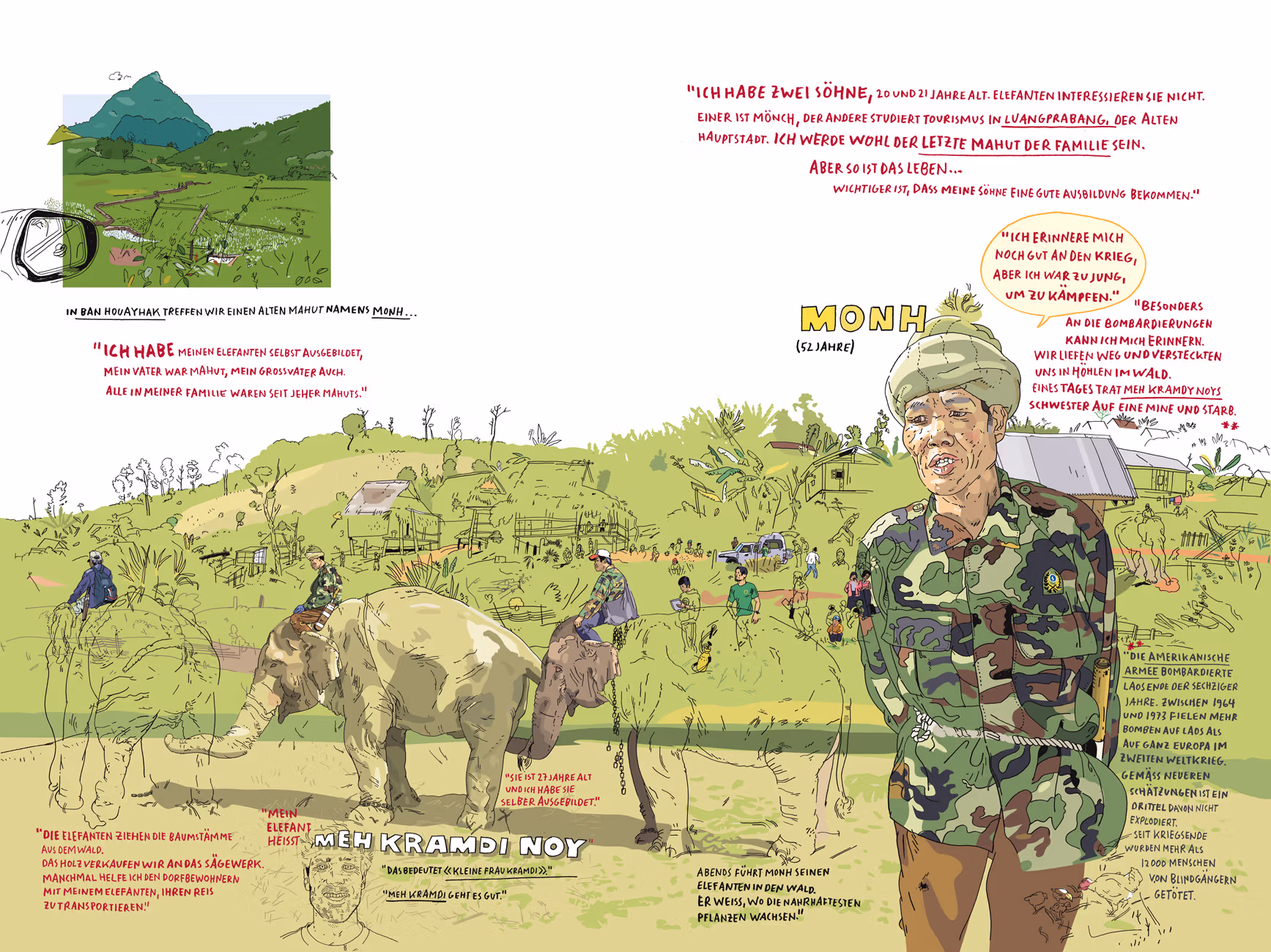 Depiction of a soldier and elephants at a campground.