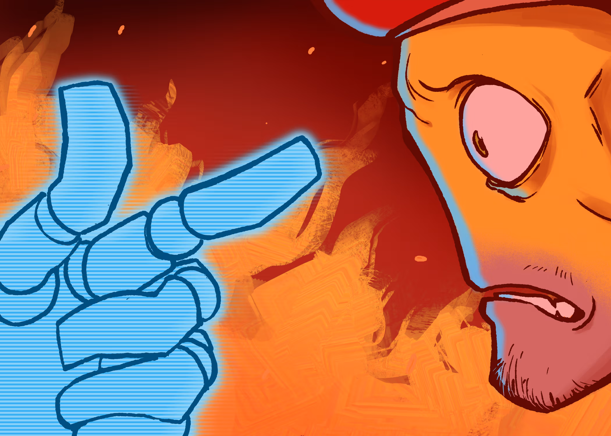 Ble hand pointing at profile of shocked face from Porad Gasan Zade's graphic novel Hatland Oddities.