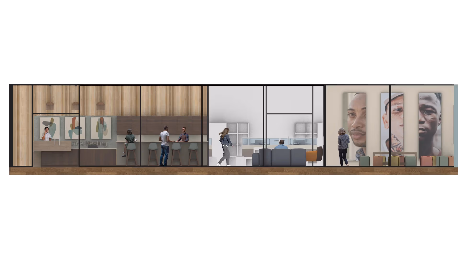 A panoramic 3D rendered image showcasing an interior divided into 3 sections