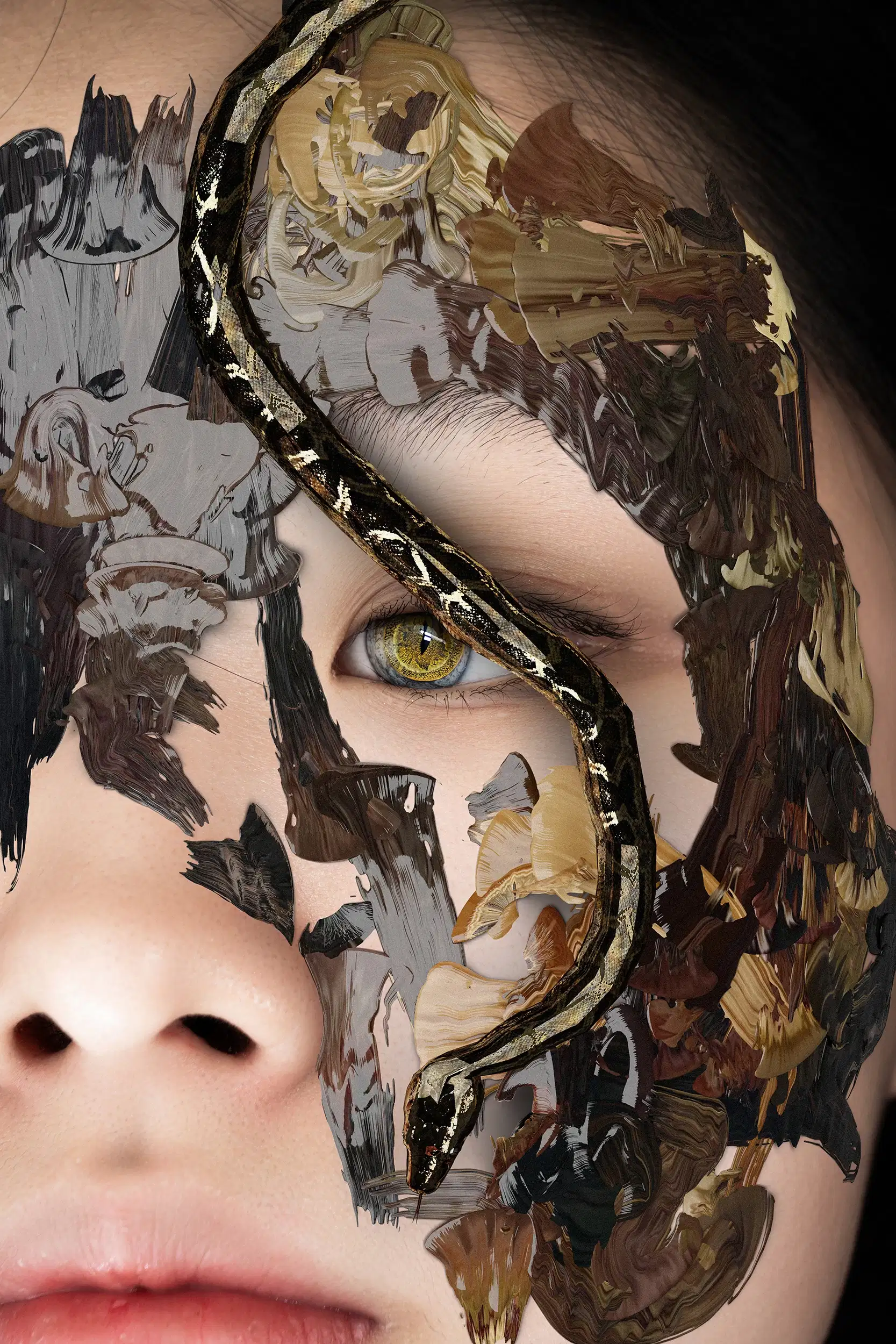 A face with a snake crawling on it.