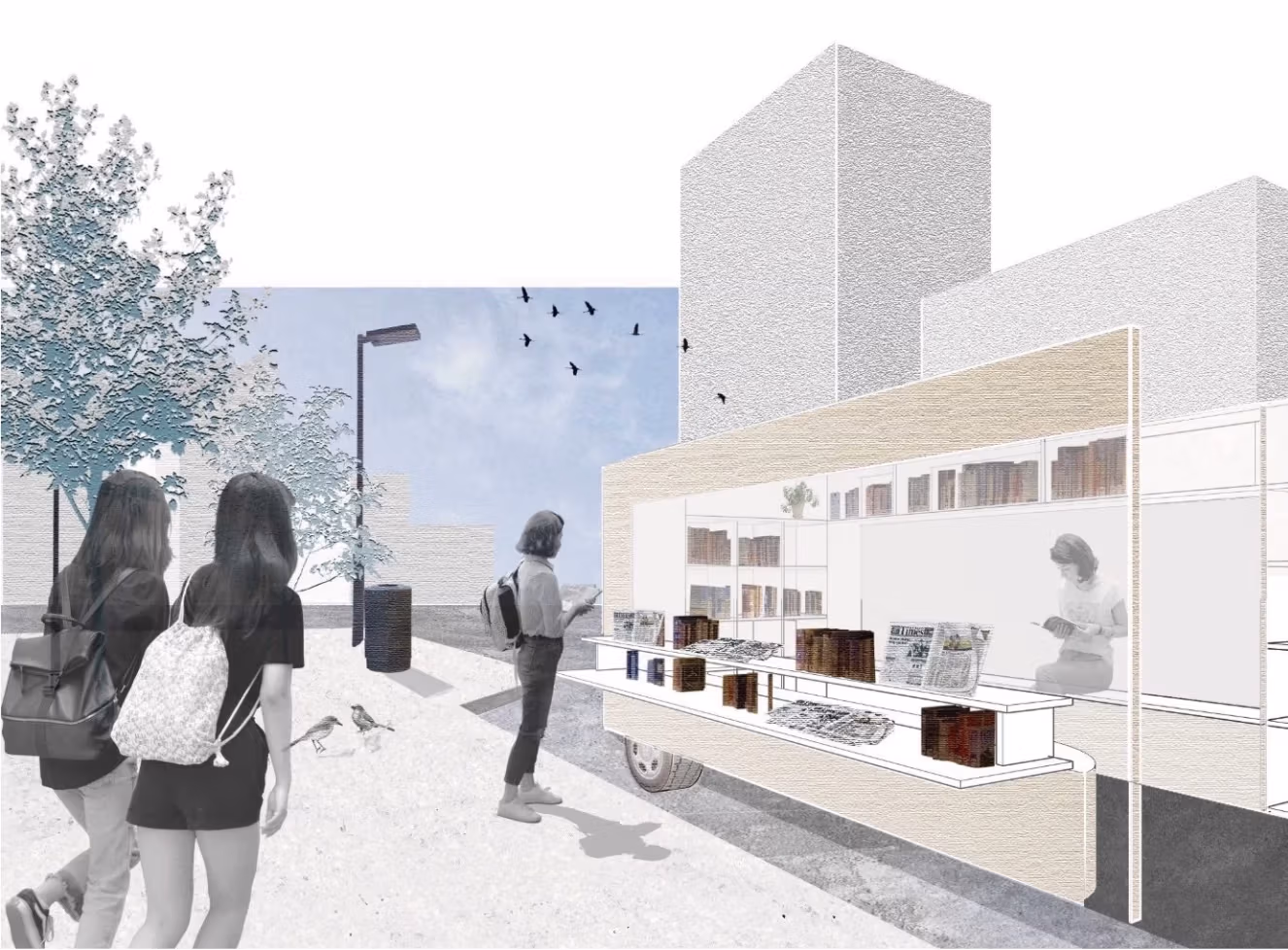 Image of a 3D rendered exterior space. An open community area surrounded by buildings is visible. Within the open space, a mobile library is installed, with mobile shelving and bookcases are placed throughout the area.