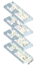 Computer-generated multi-level floor plan. The floorplan is primarily black and white, with specific areas highlighted in light blue.