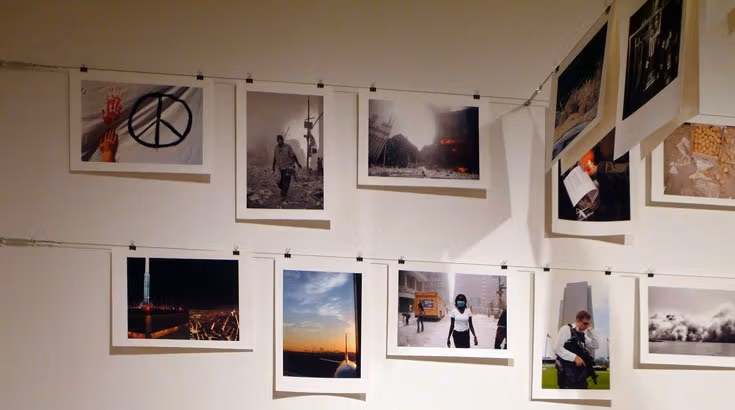 Many photographs clipped to wires, mostly lined up upon a white wall.