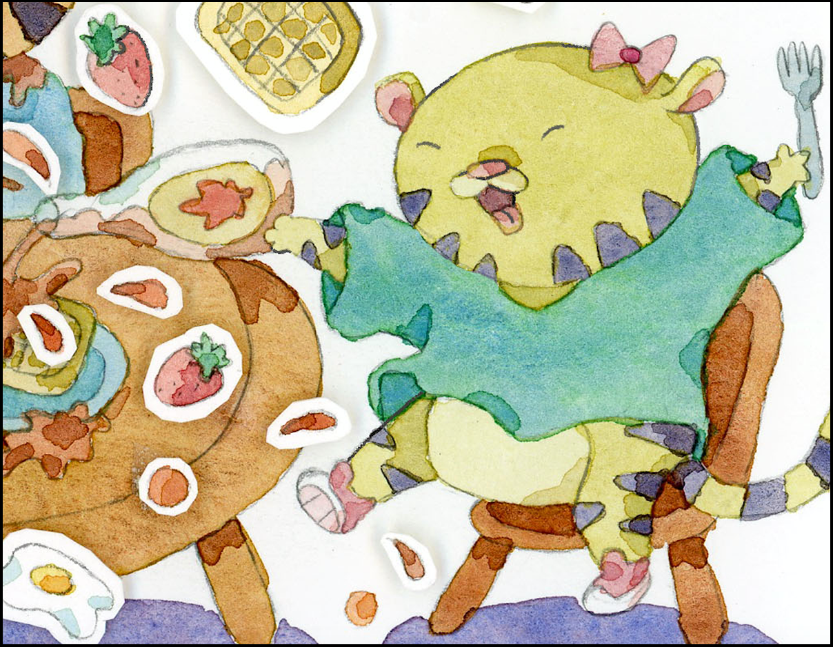 An illustration of a cartoon kitten enjoying breakfast.