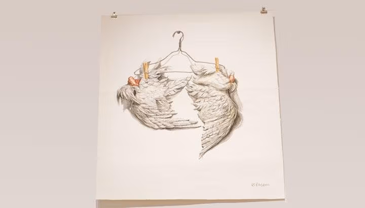 An illustration of wings pinned to a clothes hanger.