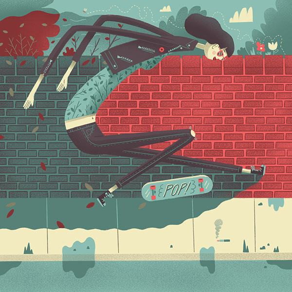 An illustration of a woman doing a kick flip on a skateboard.