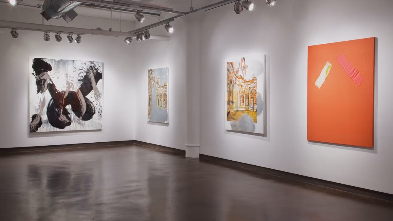 Exhibition photograph of “Between Picture and Viewer," with four large abstract paintings across two walls.