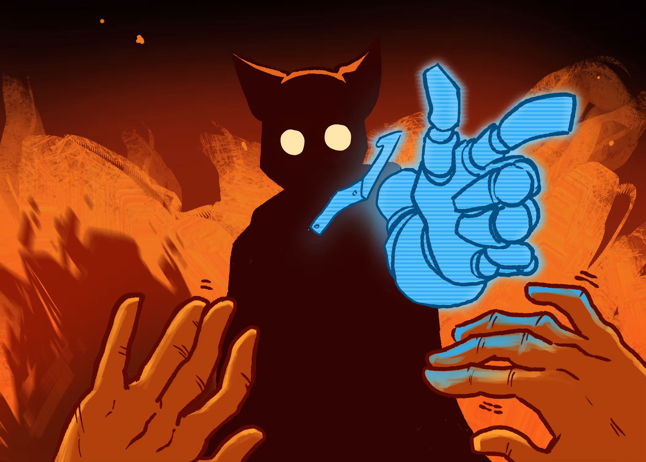 Image of figure with blue hand pointing from Porad Gasan Zade's graphic novel Hatland Oddities.